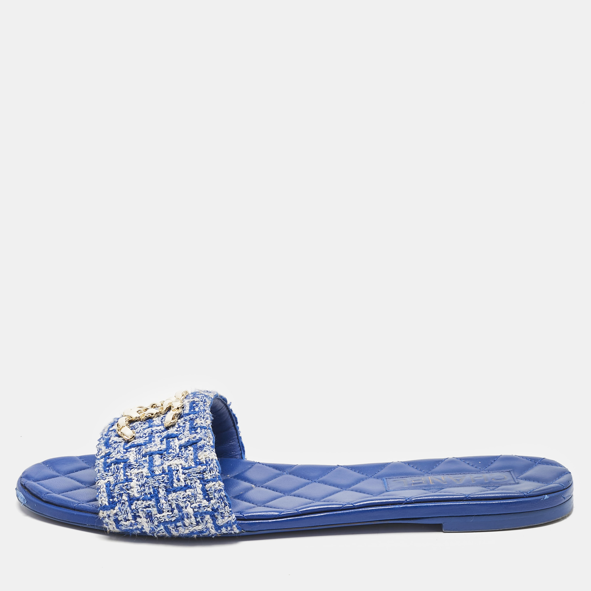 

Chanel Blue Tweed CC Quilted Flat Slides Size