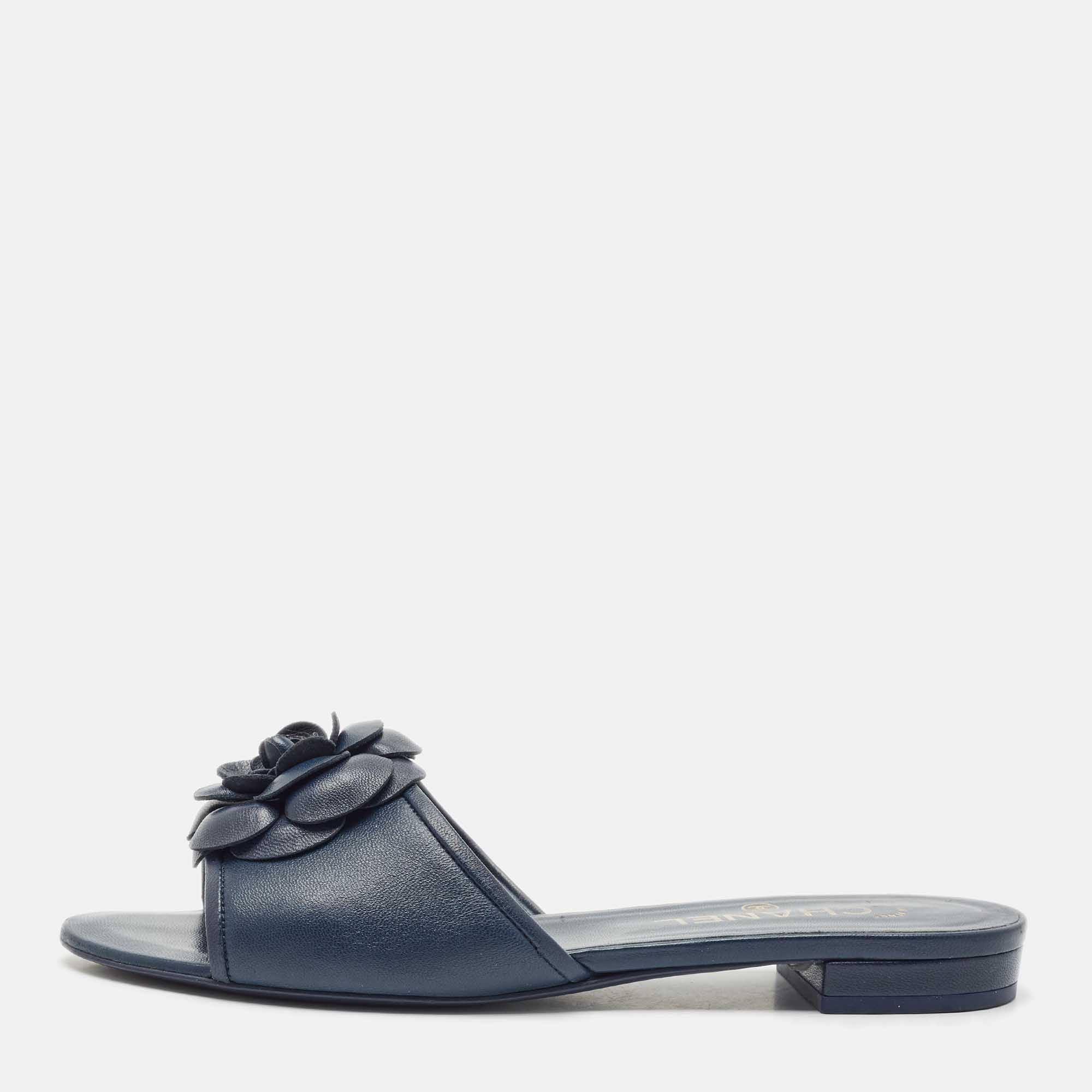 

Chanel Navy Blue Leather Camellia Flat Slide Sandals Size