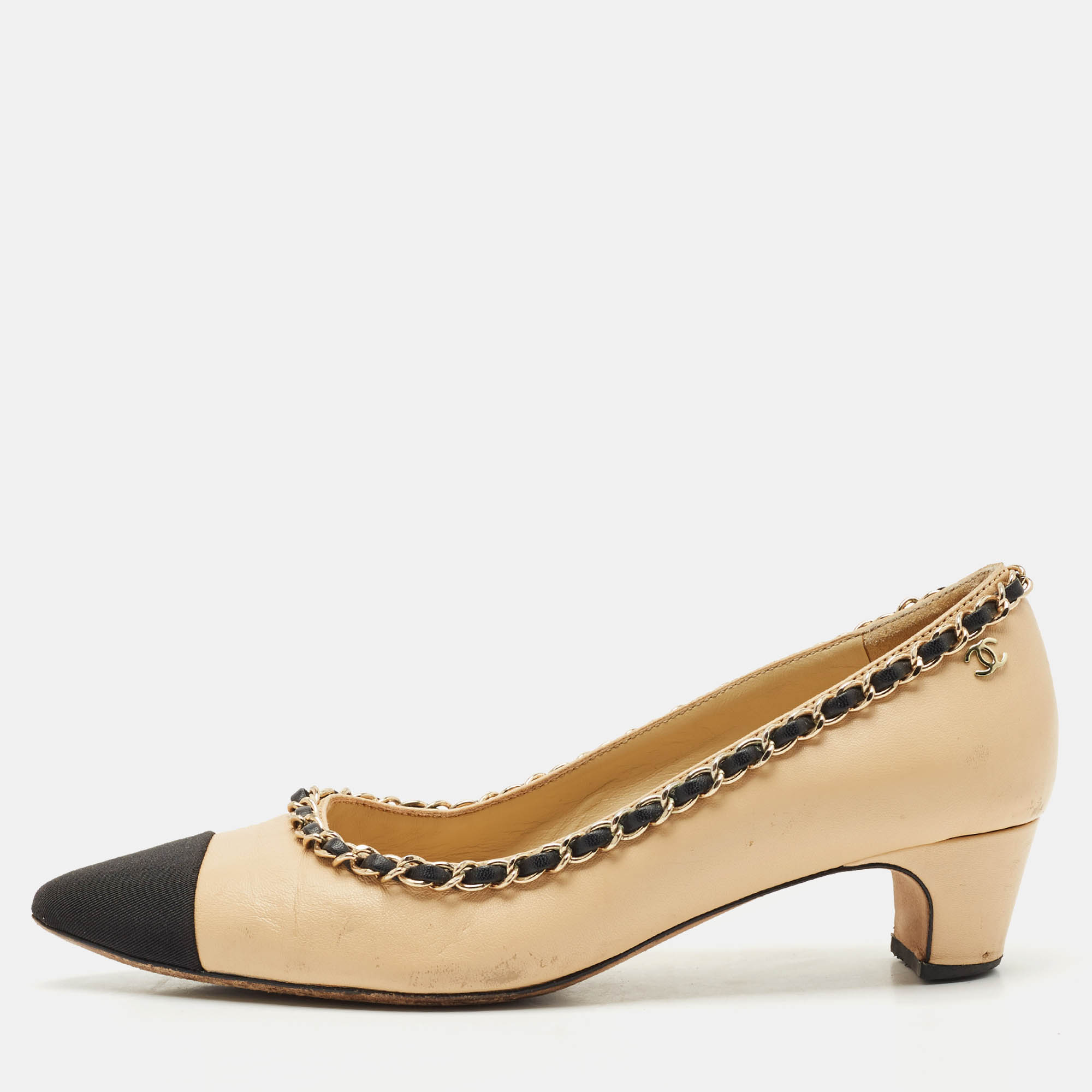 

Chanel Beige/Black Leather Cap Toe Ballet Pumps Size
