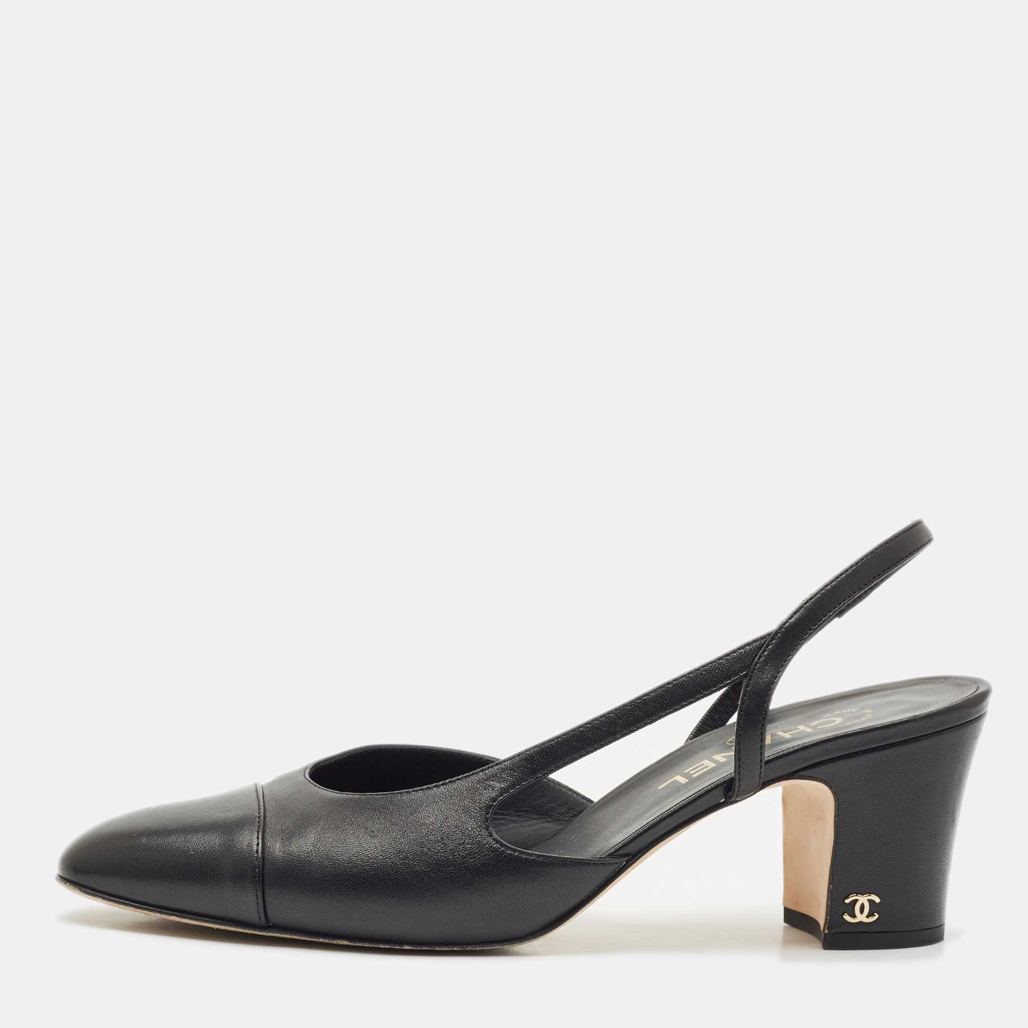 

Chanel Black Leather CC Cap Toe Slingback Pumps Size