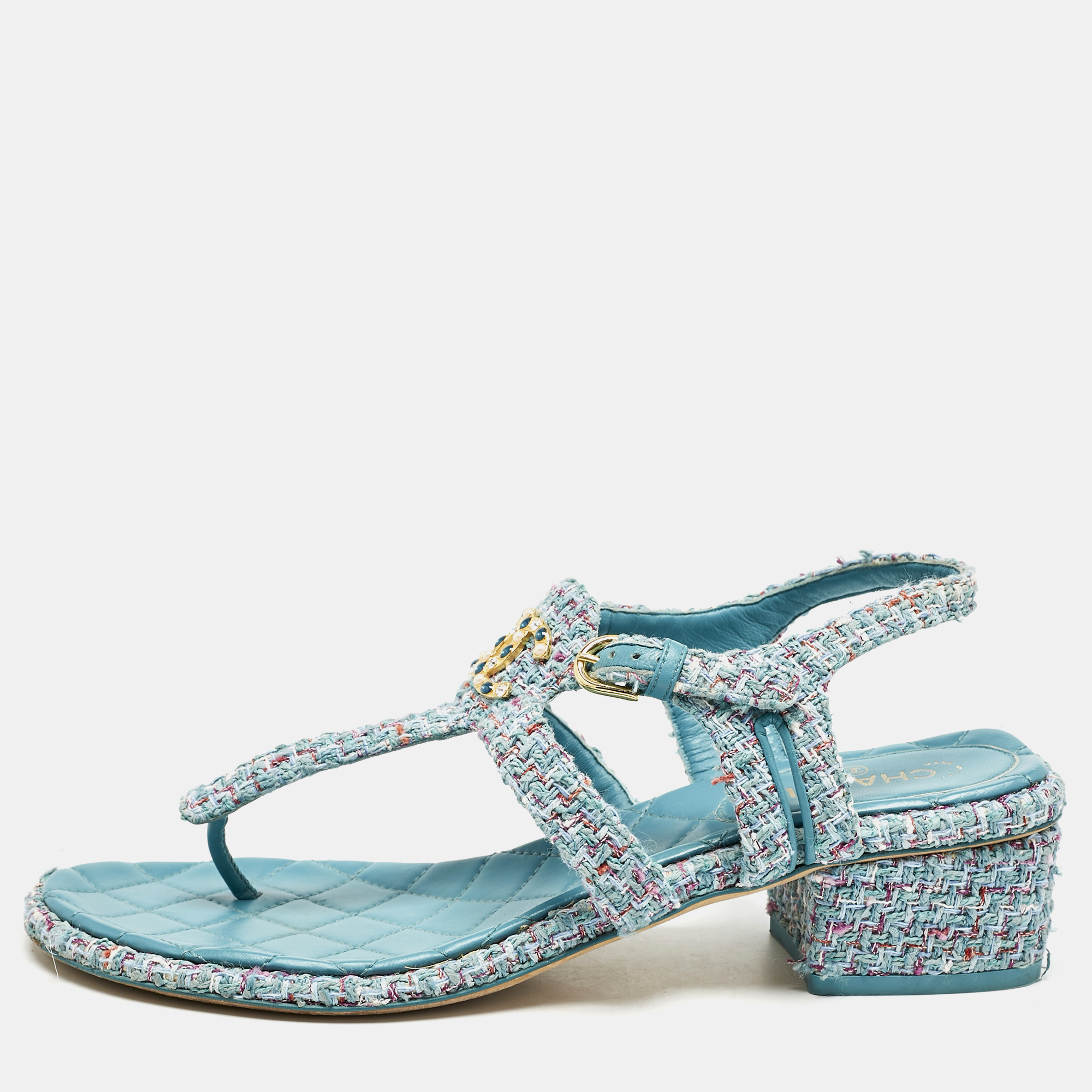 

Chanel Multicolor Leather and Tweed CC Thong Sandals Size
