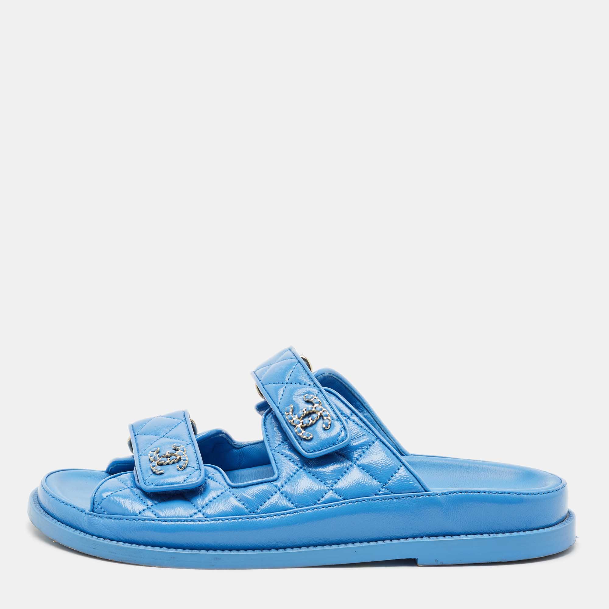 

Chanel Blue Leather Pearl Embellished CC Dad Flat Sandals Size