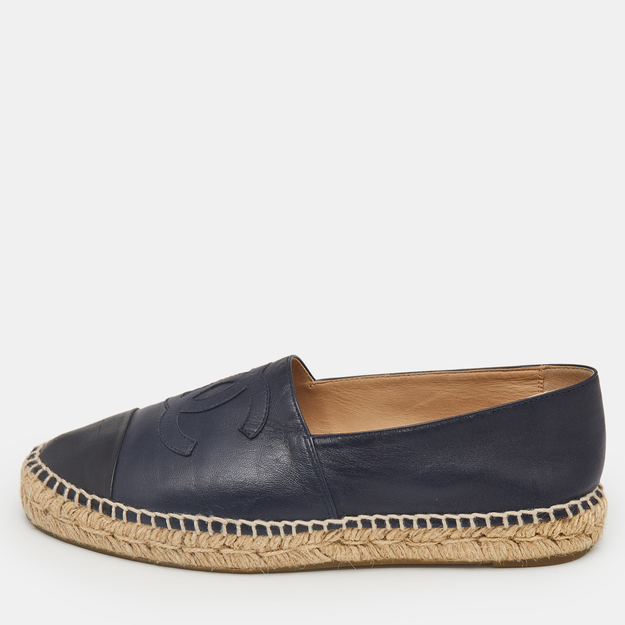

Chanel Navy Blue/Black Leather CC Cap Toe Espadrille Flats Size