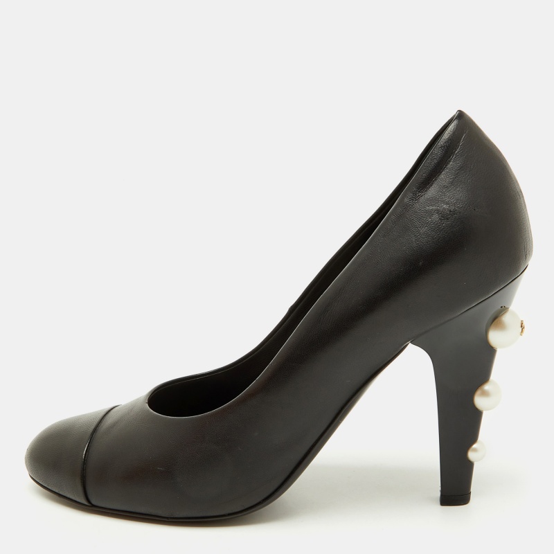 

Chanel Black Leather Cap Toe CC Pearl Embellished Heels Pumps Size
