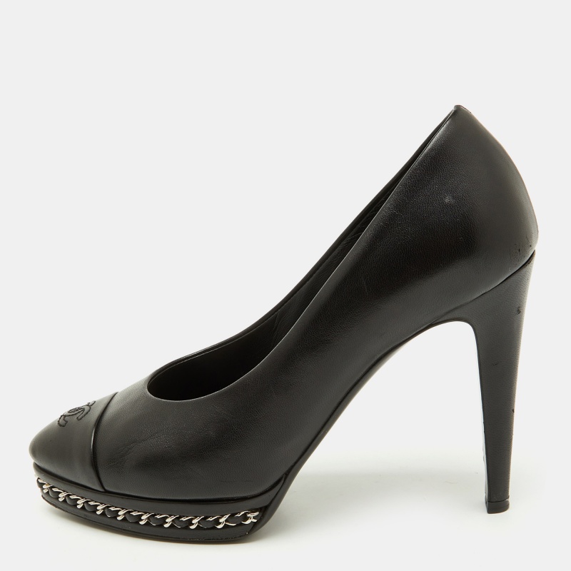 

Chanel Black Leather CC Cap Toe Chain Detail Platform Pumps Size