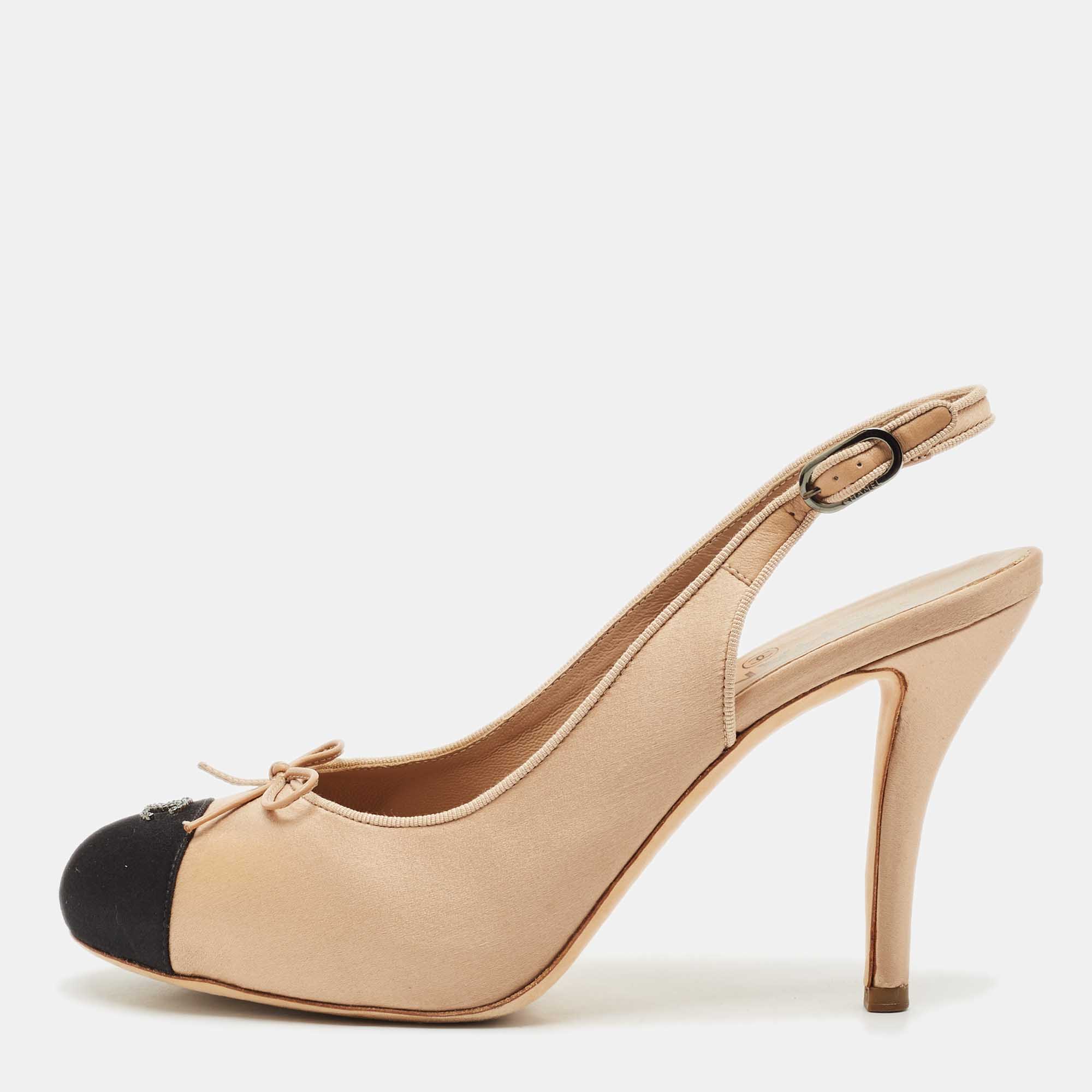 

Chanel Beige/Black Satin CC Slingback Pumps Size