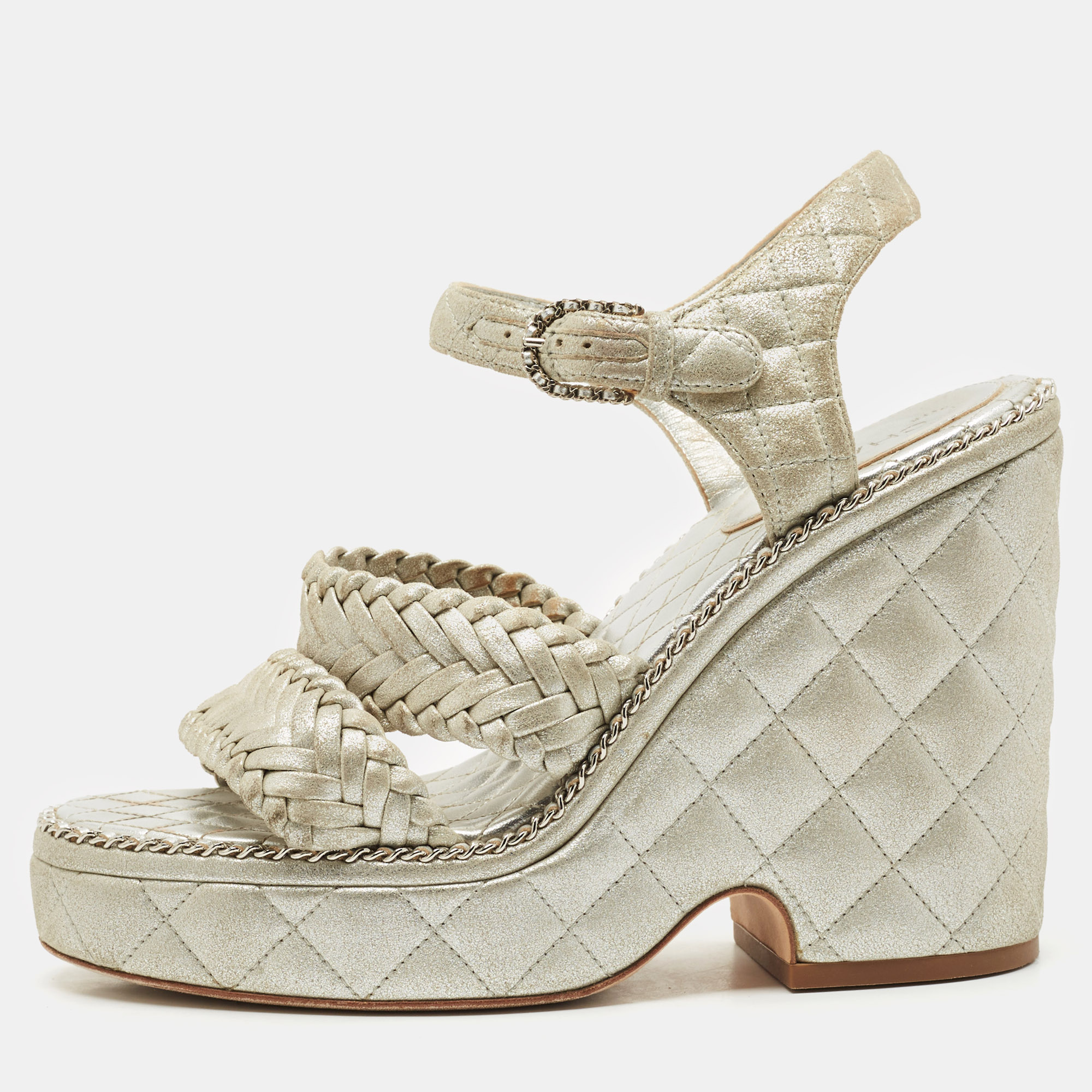 Pre-owned Chanel Silver Leather Platform Ankle Strap Sandals Size 38