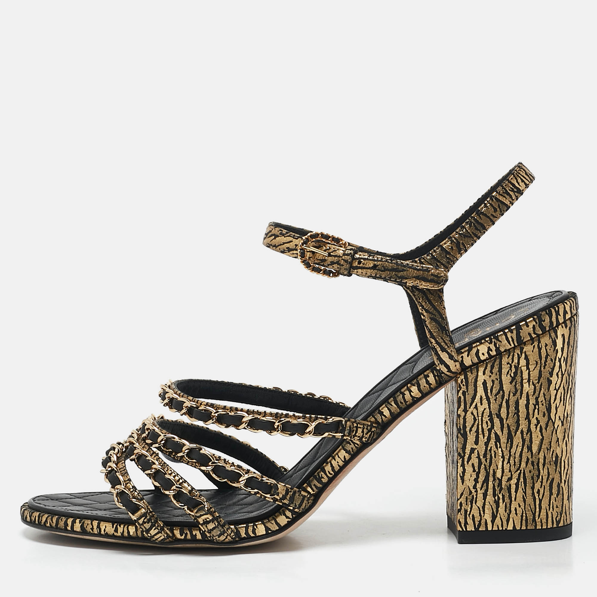 

Chanel Gold/Black Leather Chain Detail Ankle Strap Sandals Size
