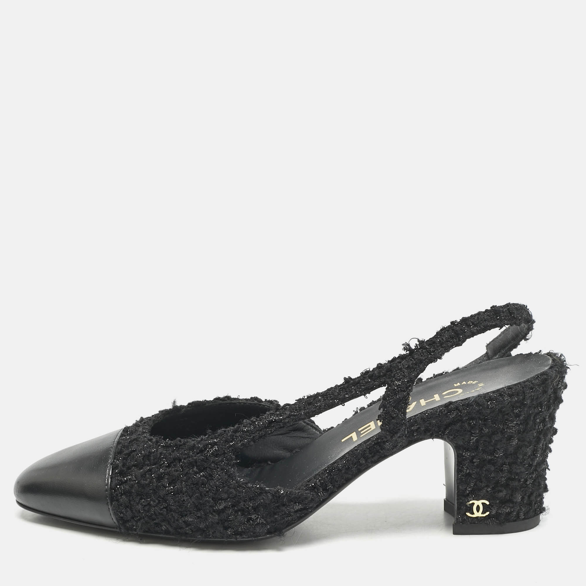 

Chanel Black Leather and Tweed CC Cap Toe Slingback Pumps Size