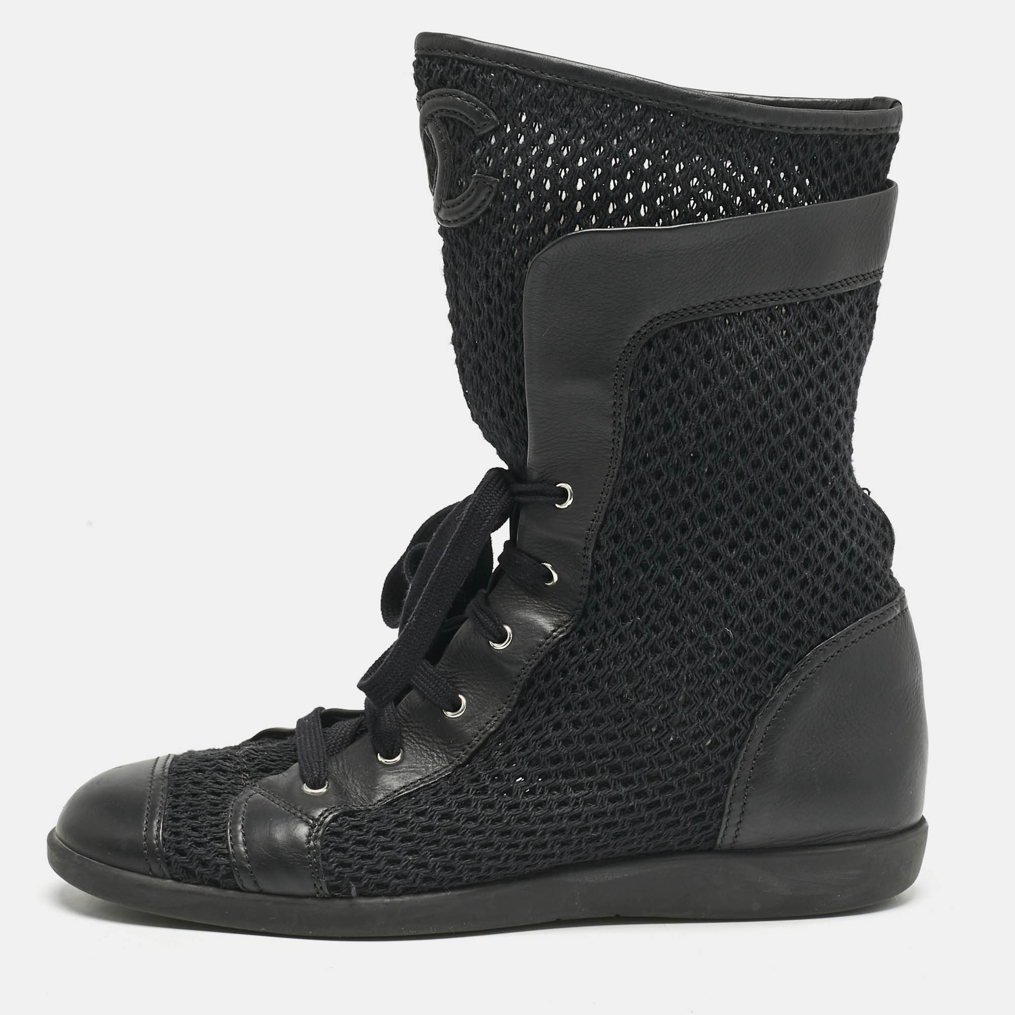 

Chanel Black Leather and Mesh Mid Calf Boots Size