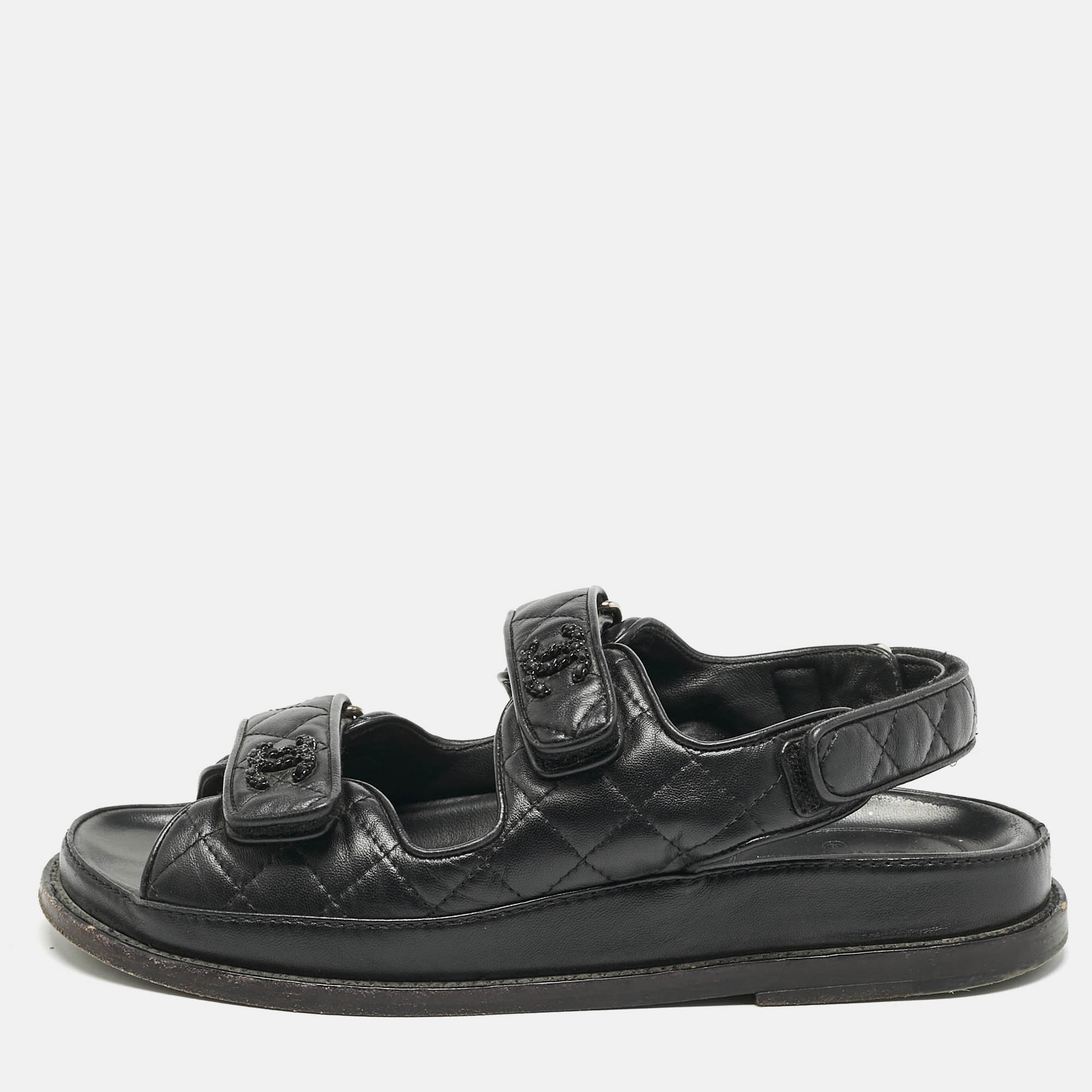 Pre-owned Chanel Black Quilted Leather Cc Dad Sandals Size 38