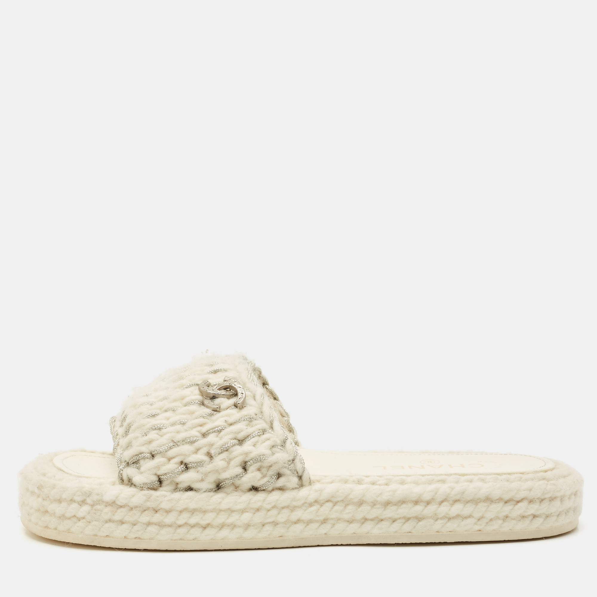 Pre-owned Chanel White/silver Braided Knit Cc Espadrille Flat Slides Size 39