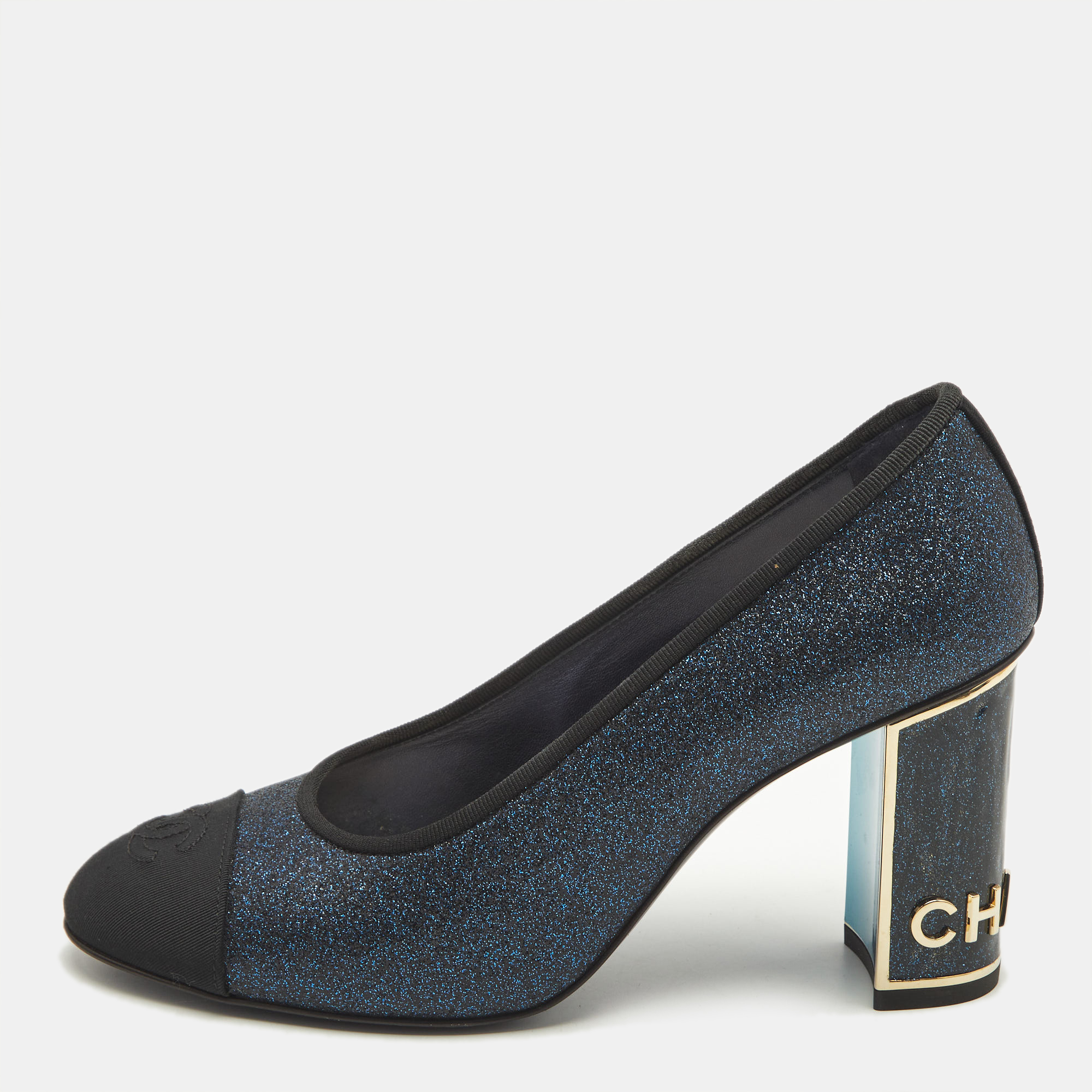 

Chanel Navy Blue/Black Canvas and Glitter CC Cap Toe Block Heel Pumps Size