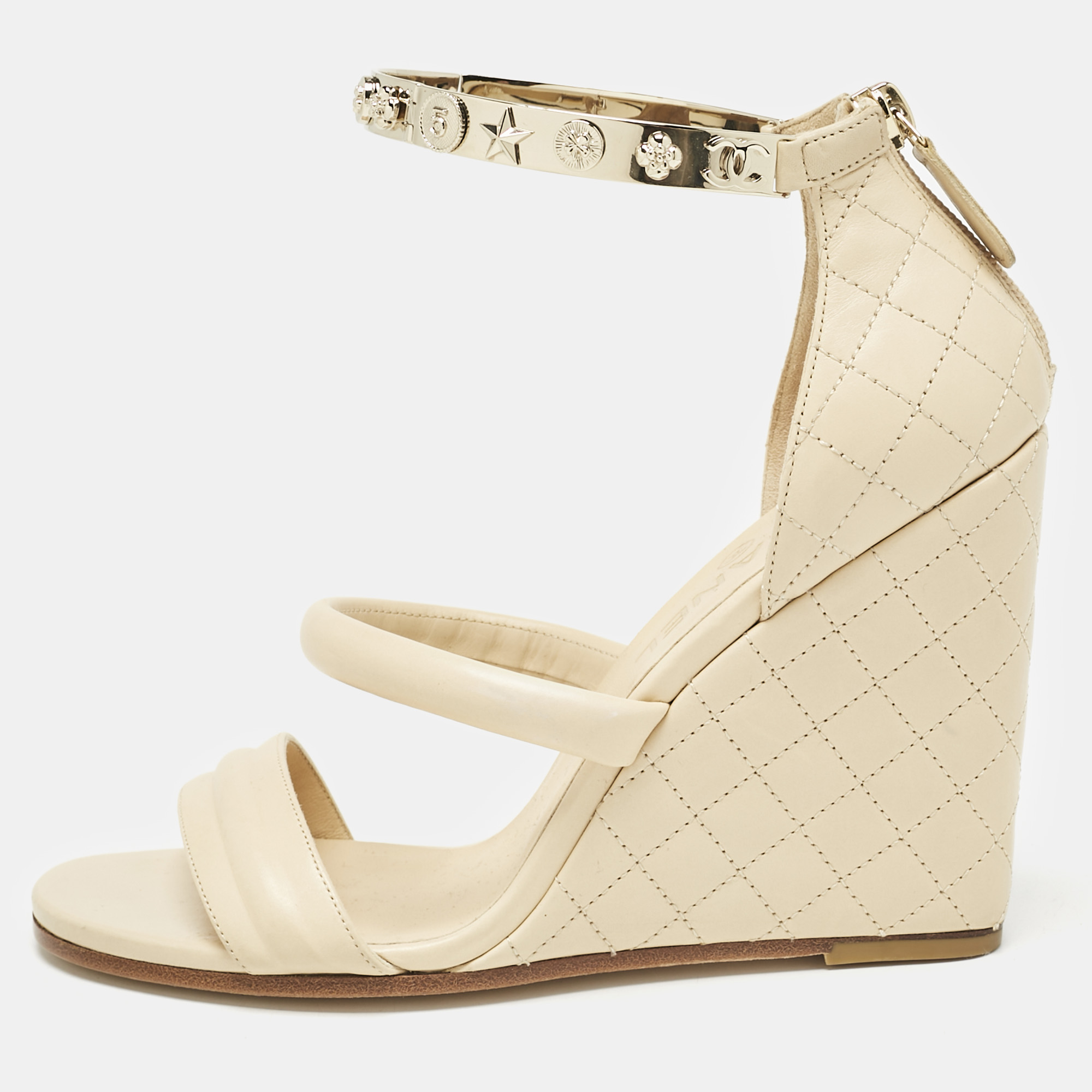 

Chanel Beige Quilted Leather Bracelet Ankle Strap Wedge Sandals Size
