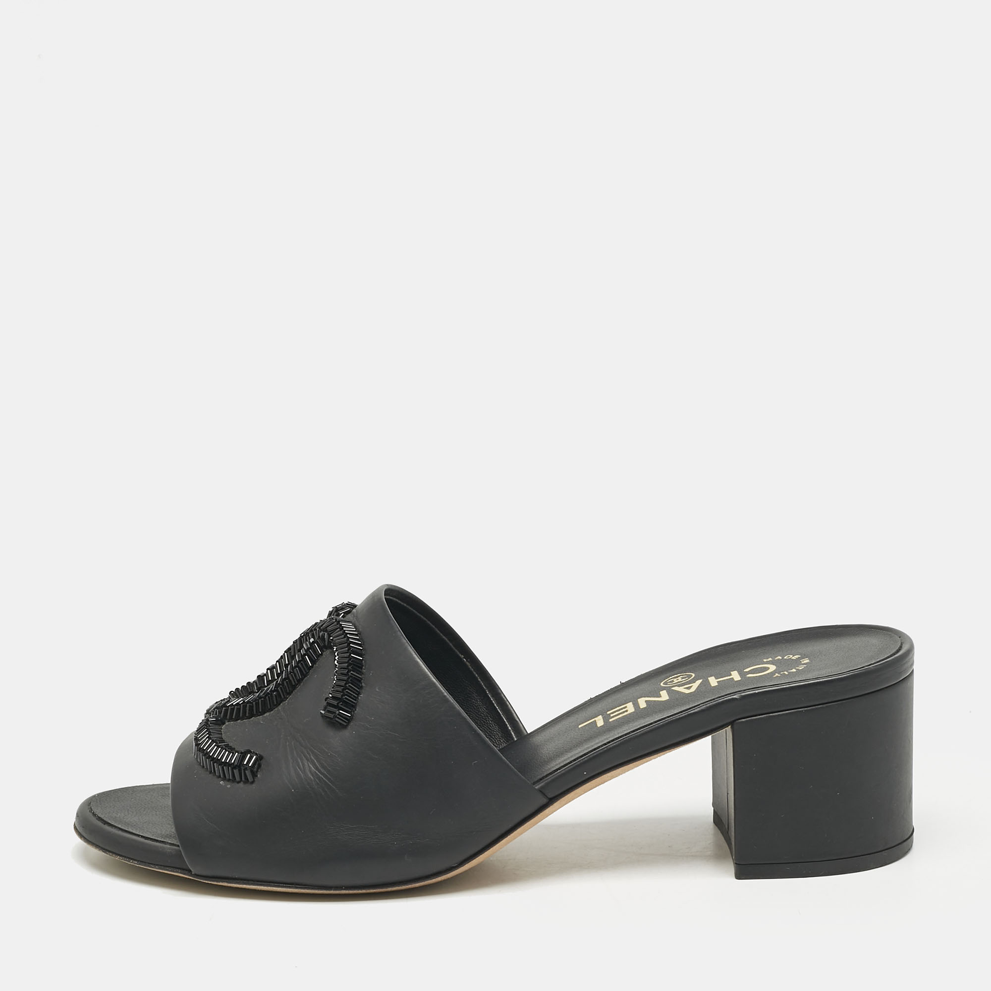 

Chanel Black Leather CC Slide Sandals Size