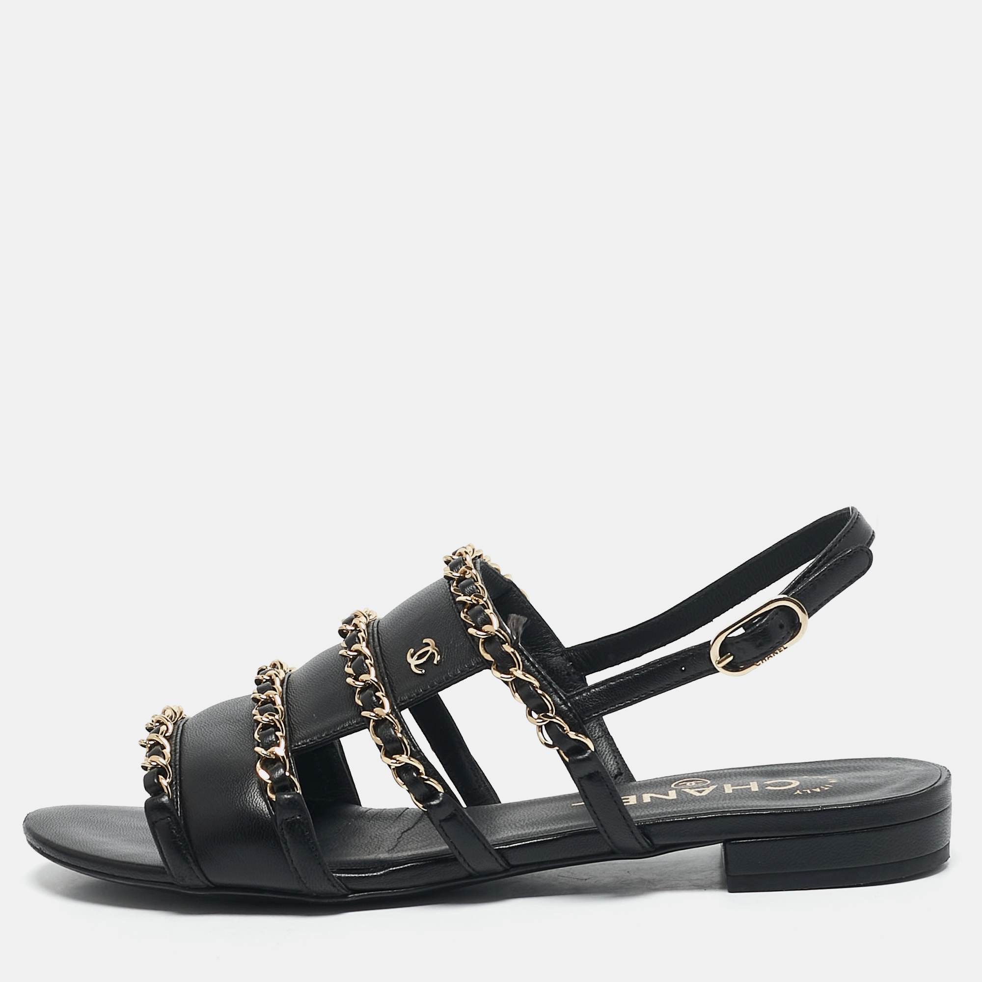 Pre-owned Chanel Black Leather Cc Chain Link Slingback Flat Sandals Size 36