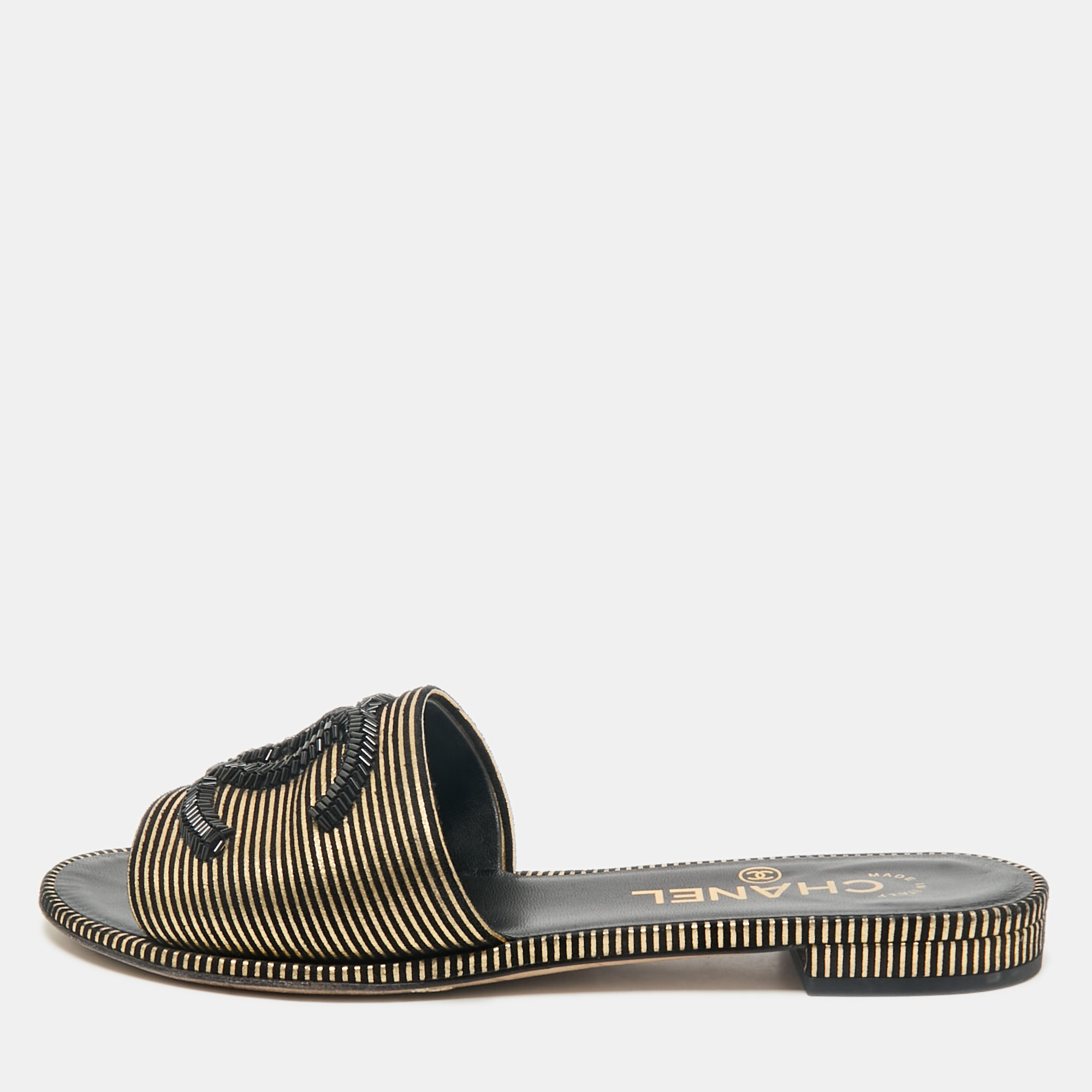 

Chanel Black/Gold Suede Beaded CC Flat Slides Size