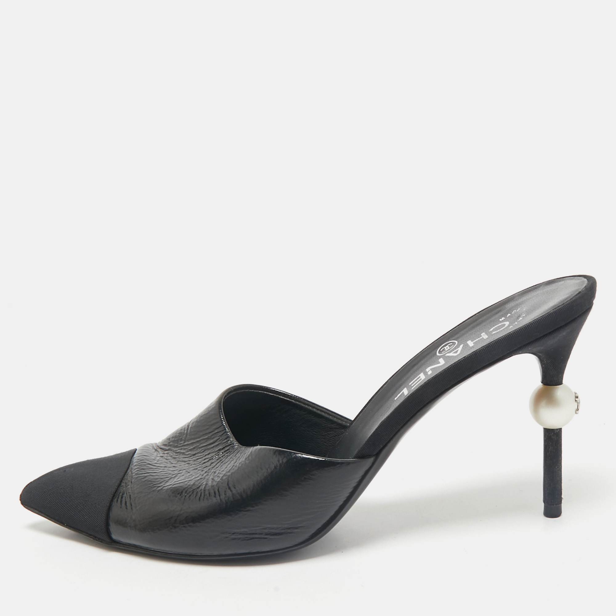 

Chanel Black Canvas and Leather CC Peal Heel Mules Size