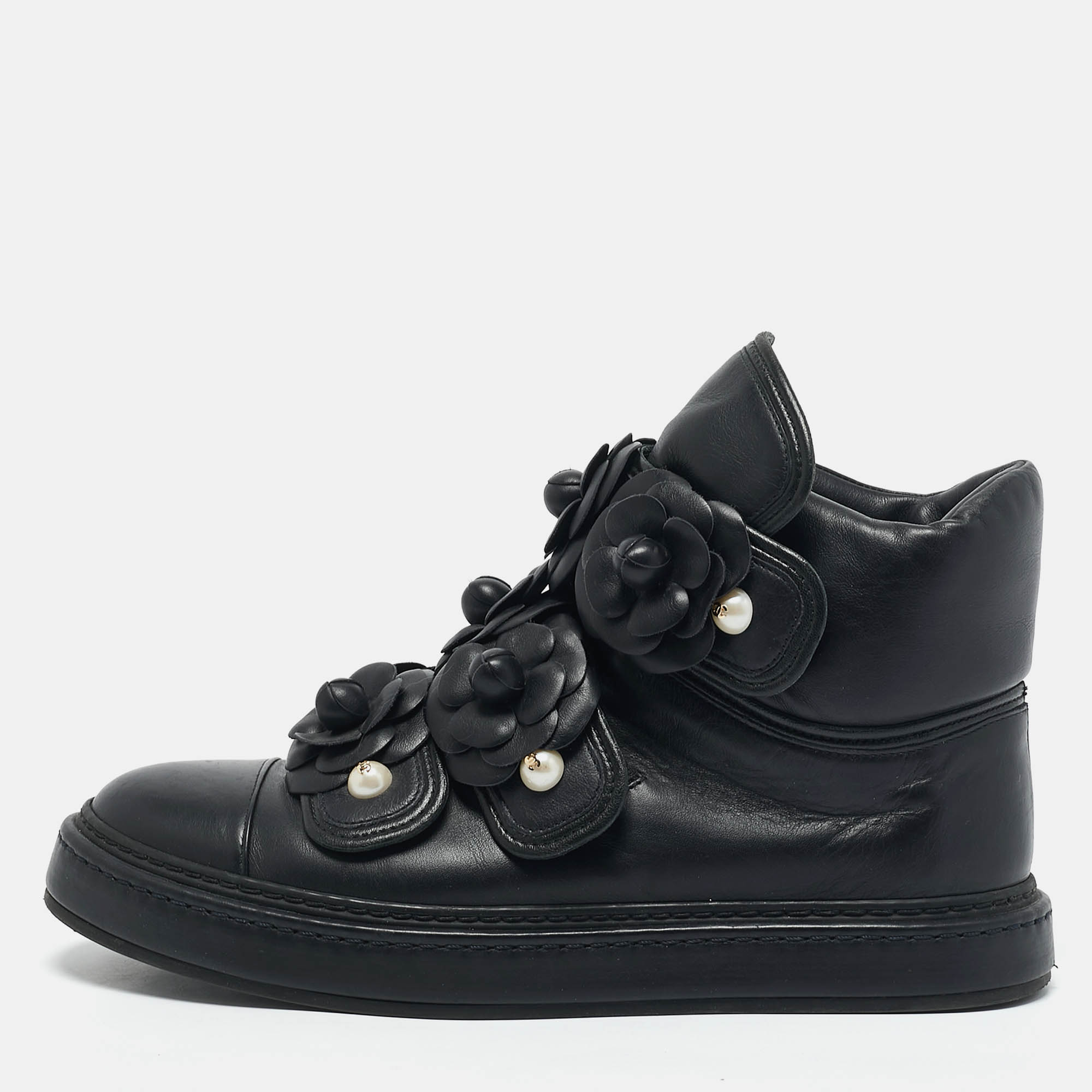 

Chanel Black Leather CC Pearl Camelia High Top Sneakers Size