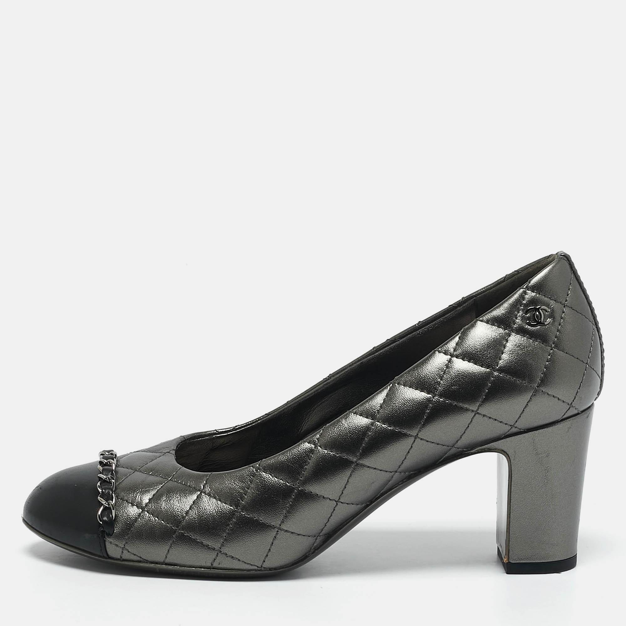 

Chanel Metallic/Black Leather Block Heel Pumps Size