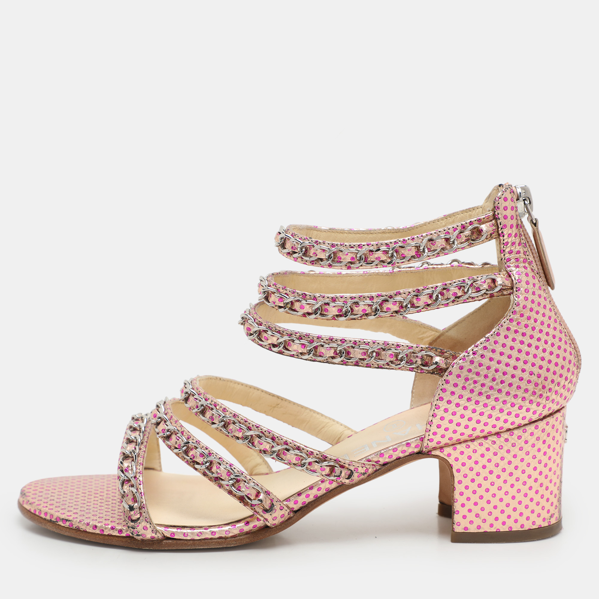 

Chanel Pink Dot Print Leather Chain Strappy Sandals Size