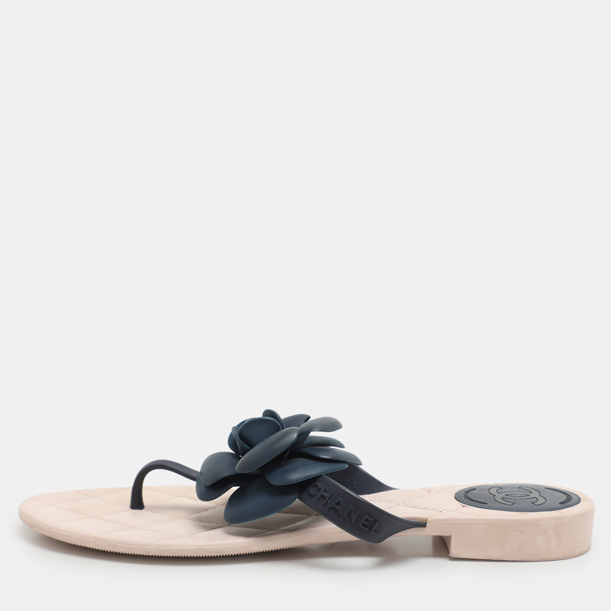 

Chanel Navy Blue/Beige Rubber Camellia Thong Flats Size