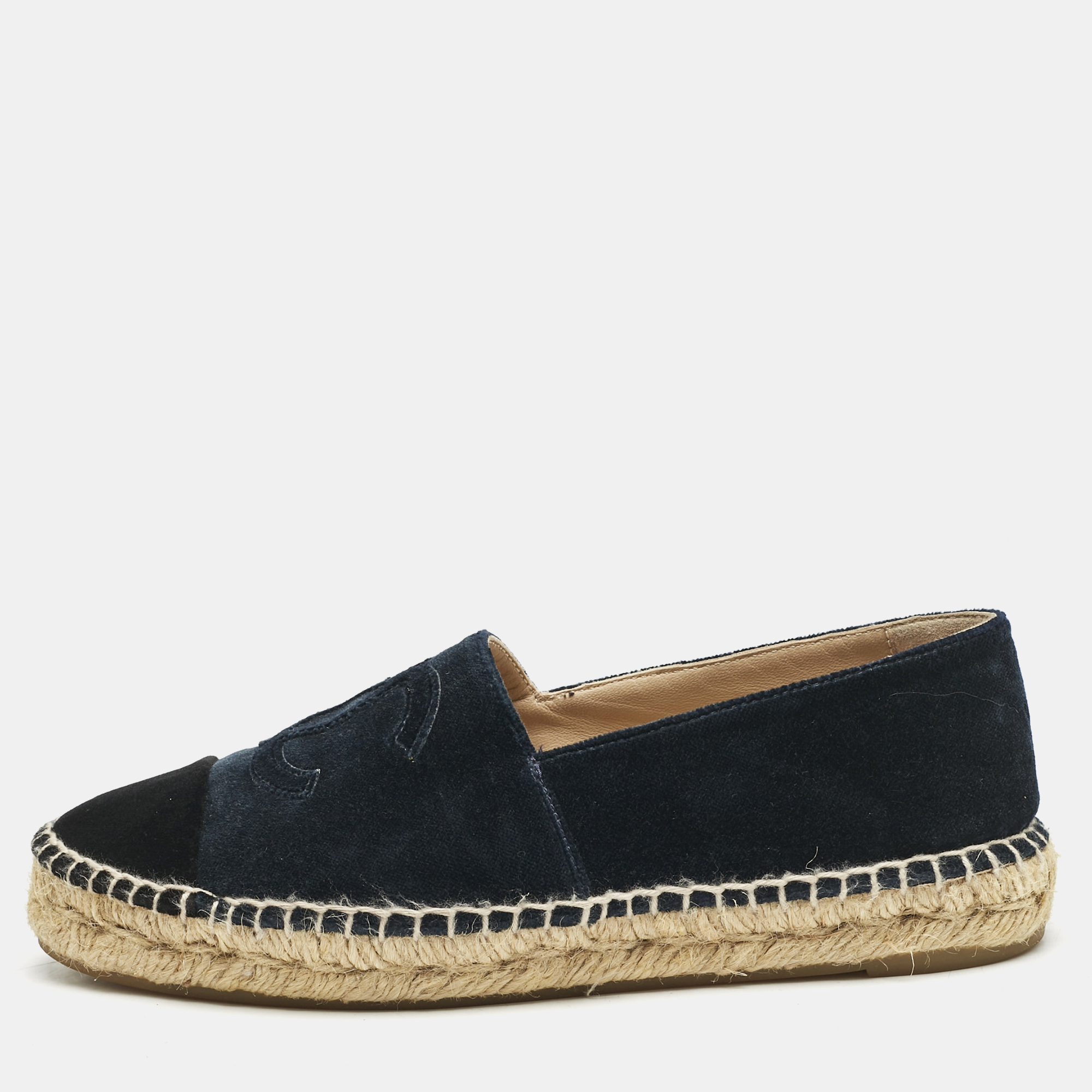 

Chanel Navy Blue/Black Velvet CC Cap Toe Espadrille Flats Size