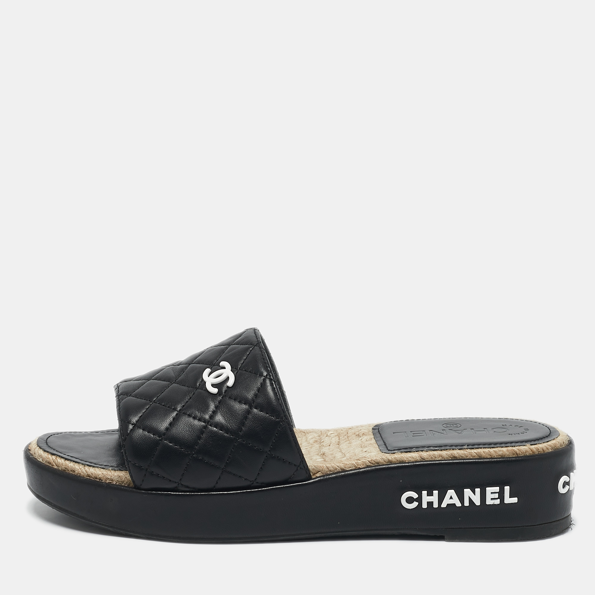 

Chanel Black Quilted Leather CC Espadrille Platform Slide Sandals Size