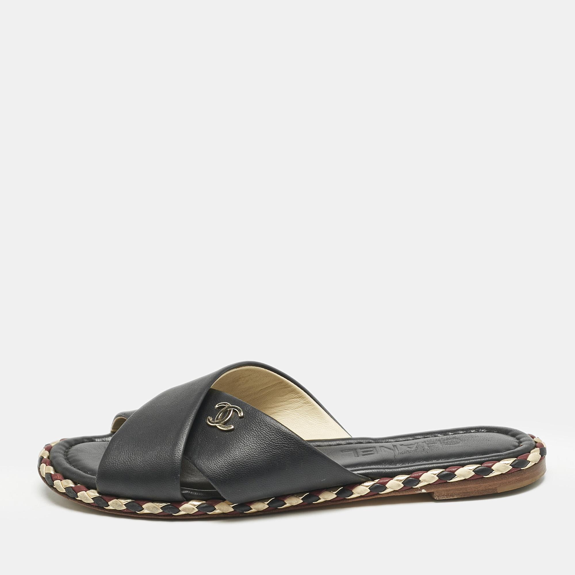

Chanel Black Leather Braided Trim Criss Cross CC Flat Slide Sandals Size