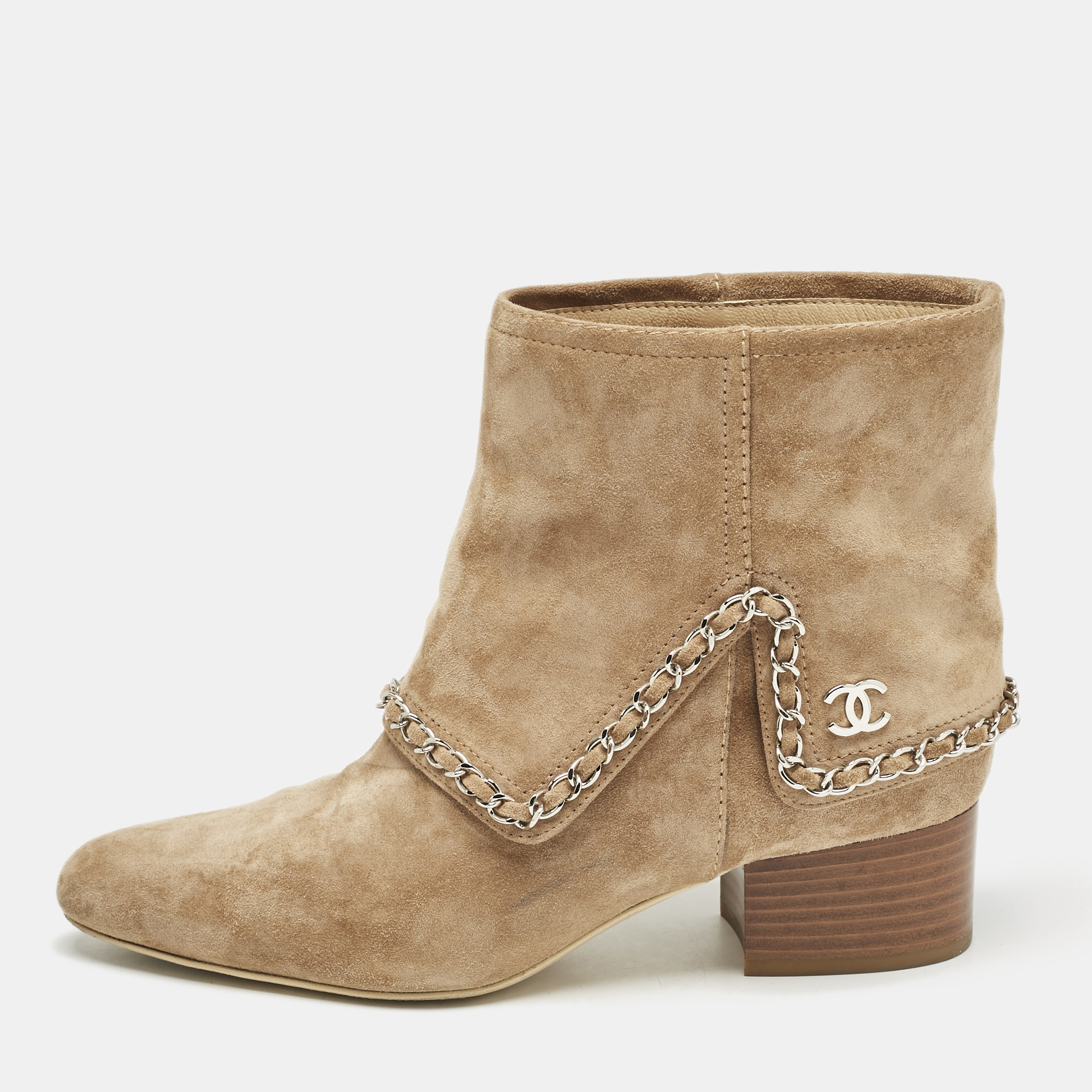 

Chanel Brown Suede Chain Embellished Ankle Length Boots Size