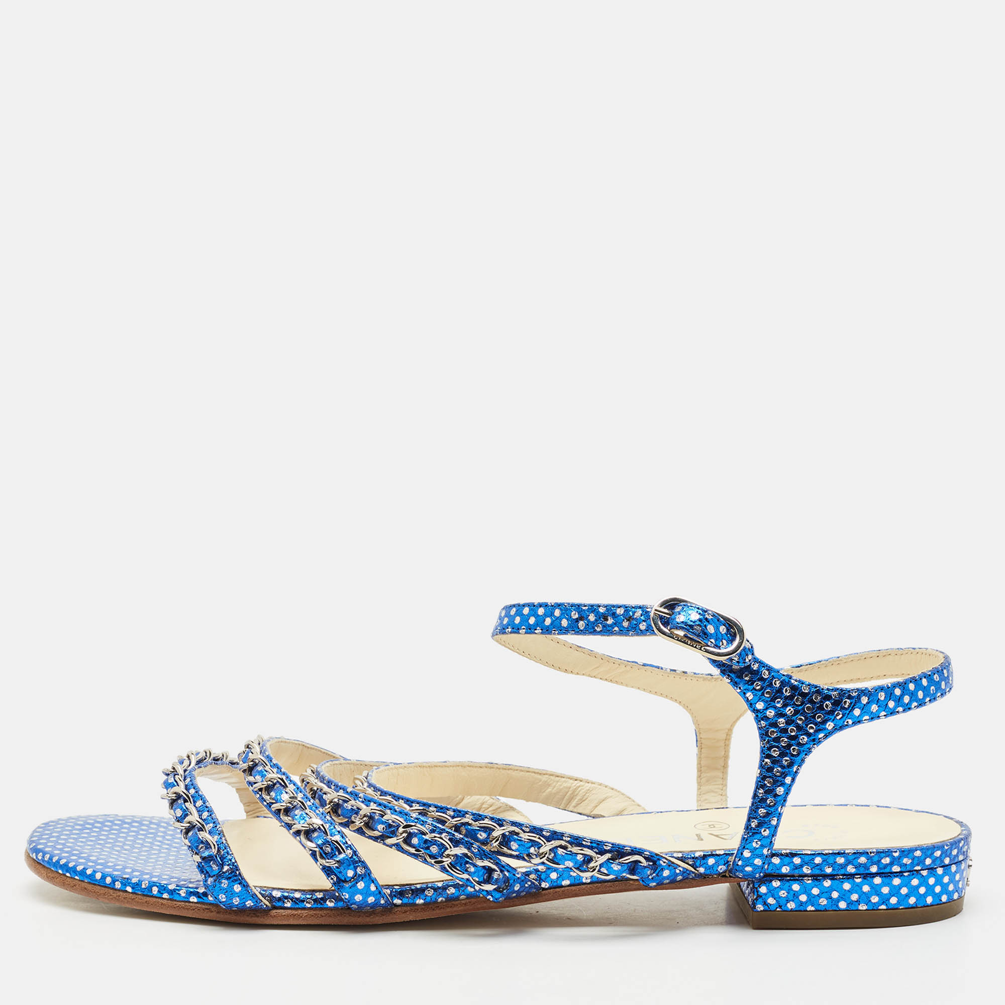 

Chanel Metallic Blue Leather Chain Detail Strappy Sandals Size