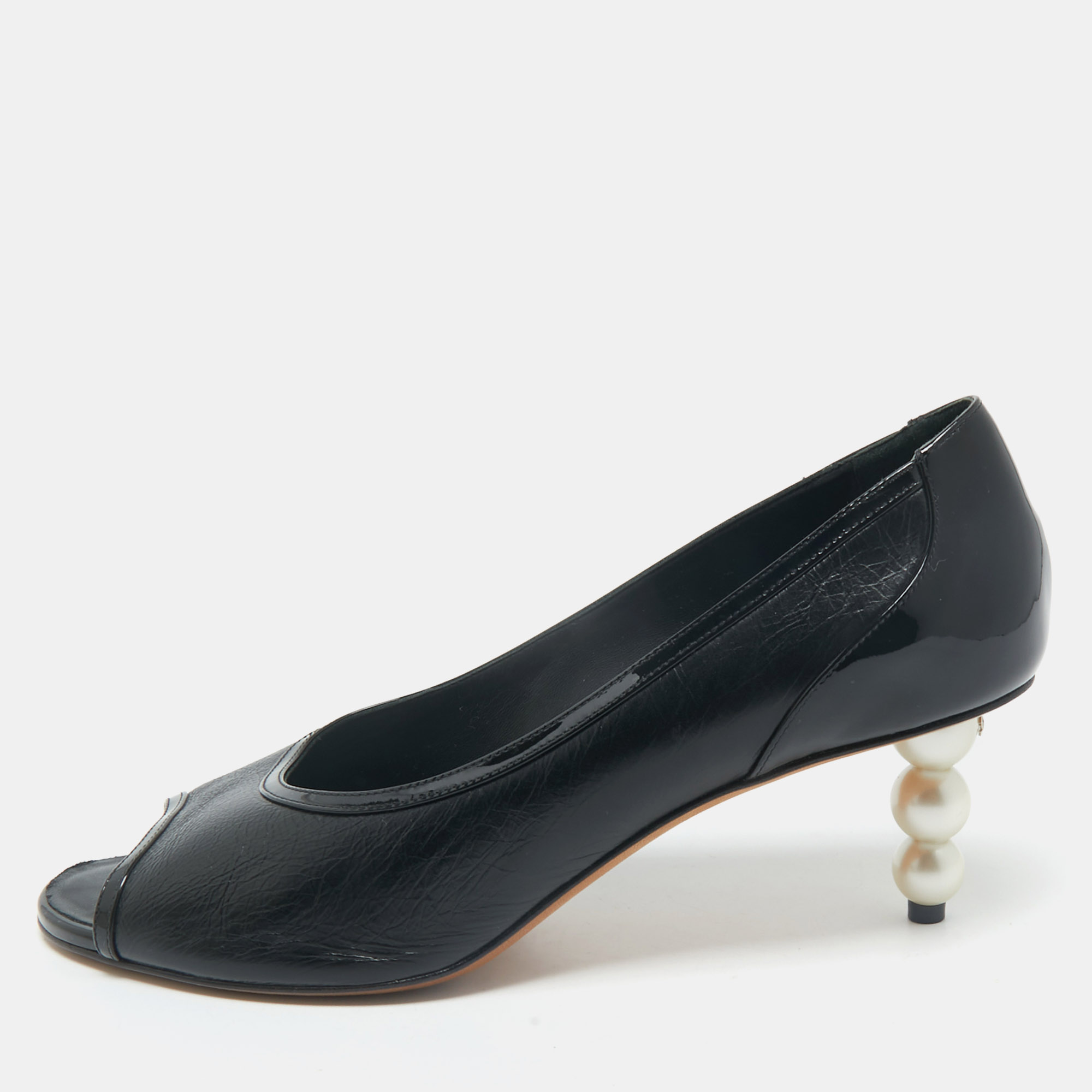 

Chanel Black Patent and Leather CC Faux Pearl Peep Toe Pumps Size