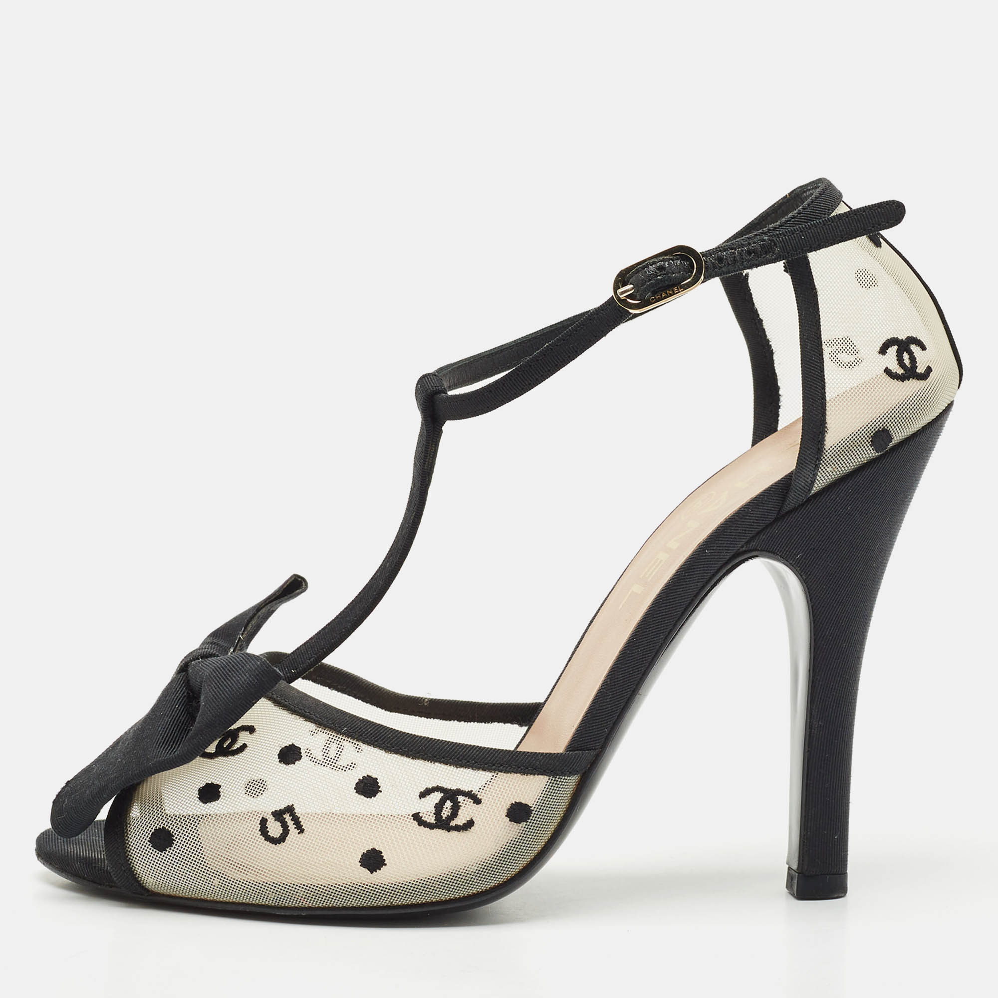 

Chanel Beige/Black Mesh and Grosgrain Bow Ankle Strap Sandals Size