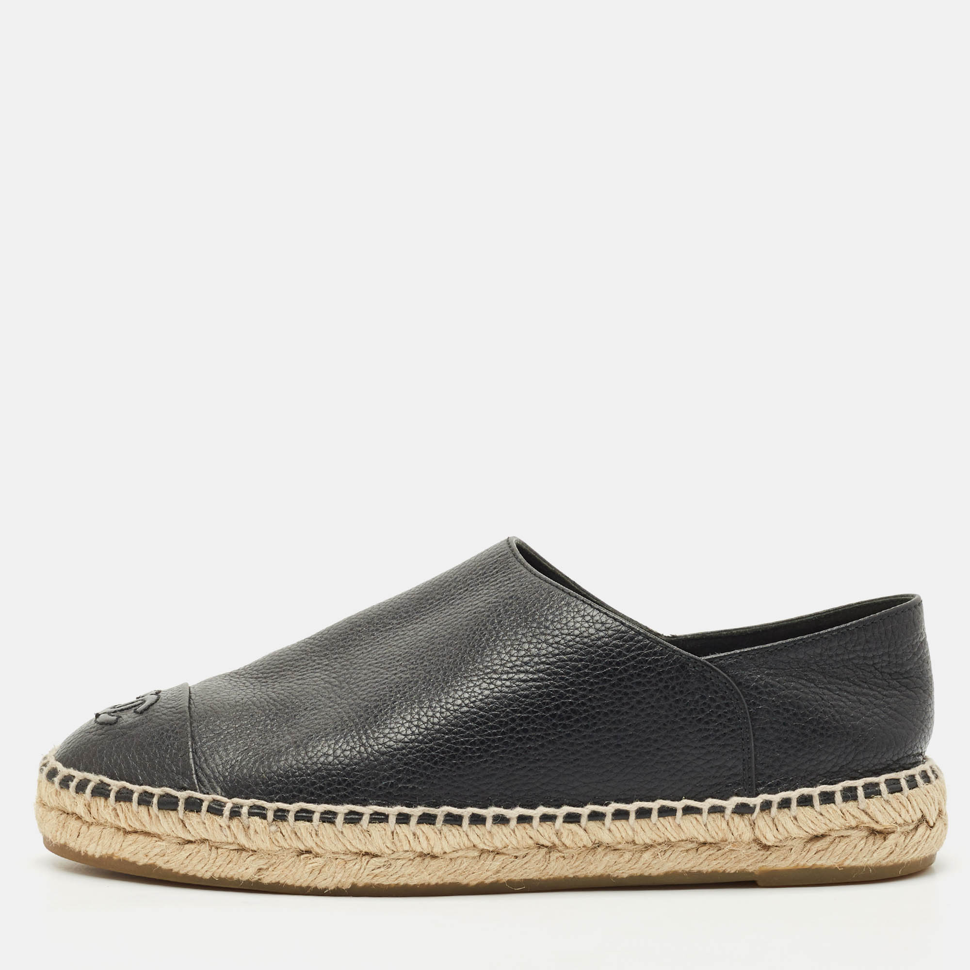 

Chanel Black Leather CC Cap Toe Espadrille Flats Size