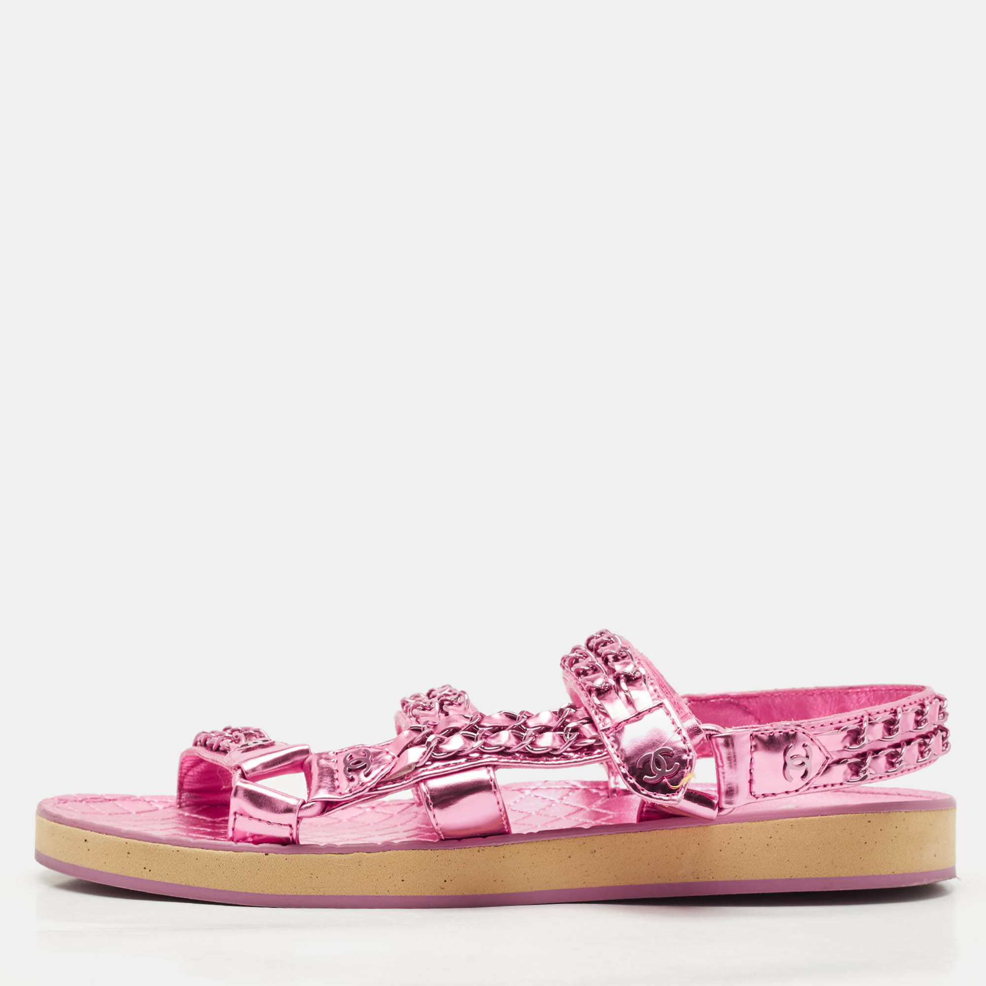 

Chanel Pink Leather Dad Flat Sandals Size