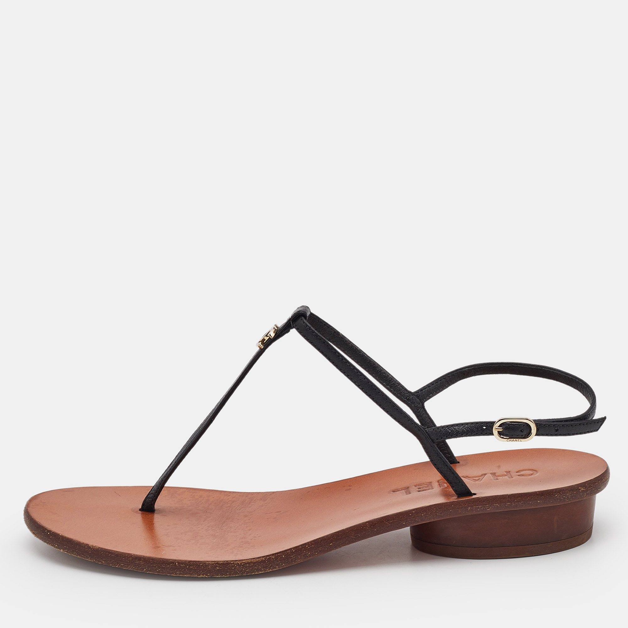 

Chanel Black Leather T-Strap Flat Thong Sandals Size