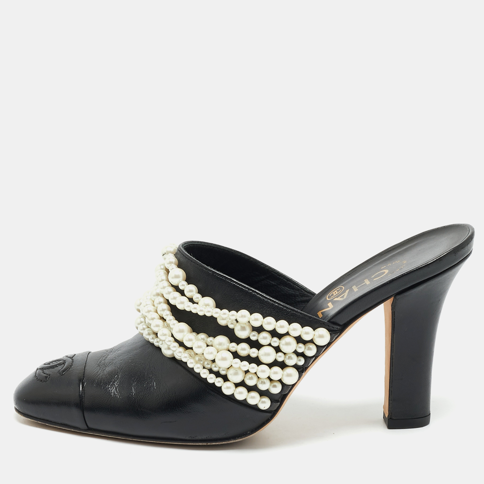

Chanel Black Leather Pearl Embellished Block Heel Slide Sandals Size