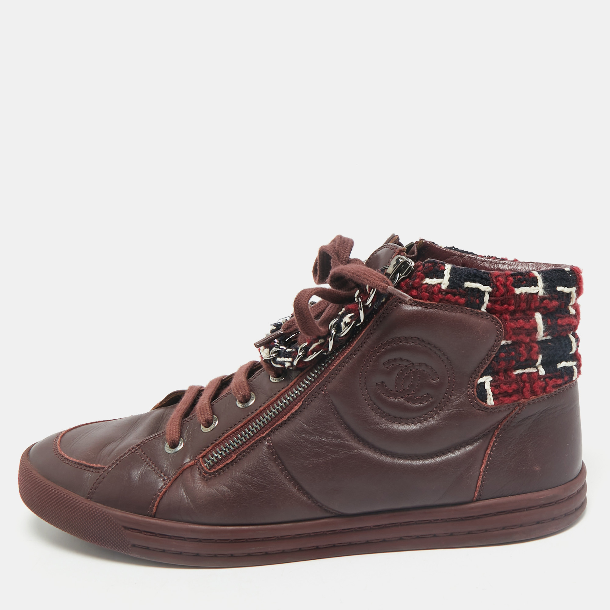 

Chanel Burgundy Leather and Twee CC High Top Sneakers Size