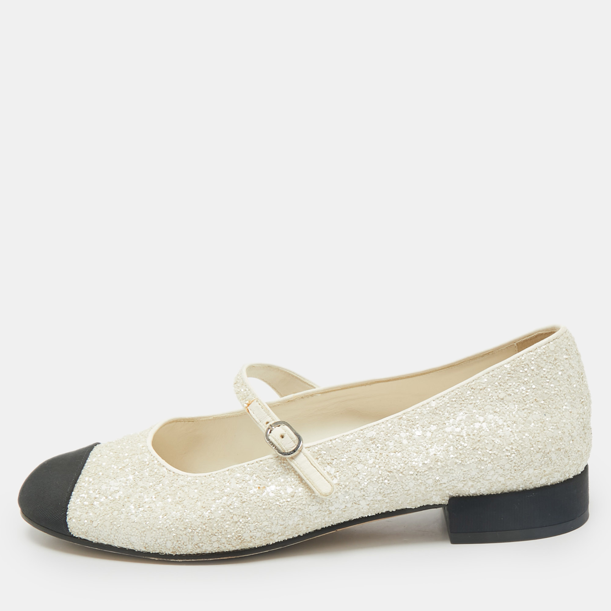 

Chanel White/Black Glitter and Grosgrain Mary Jane Ballet Flats Size