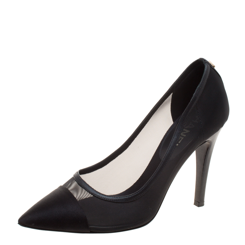 Chanel Black Mesh and Satin Pointed Cap Toe Pumps Size 37.5 Chanel ...