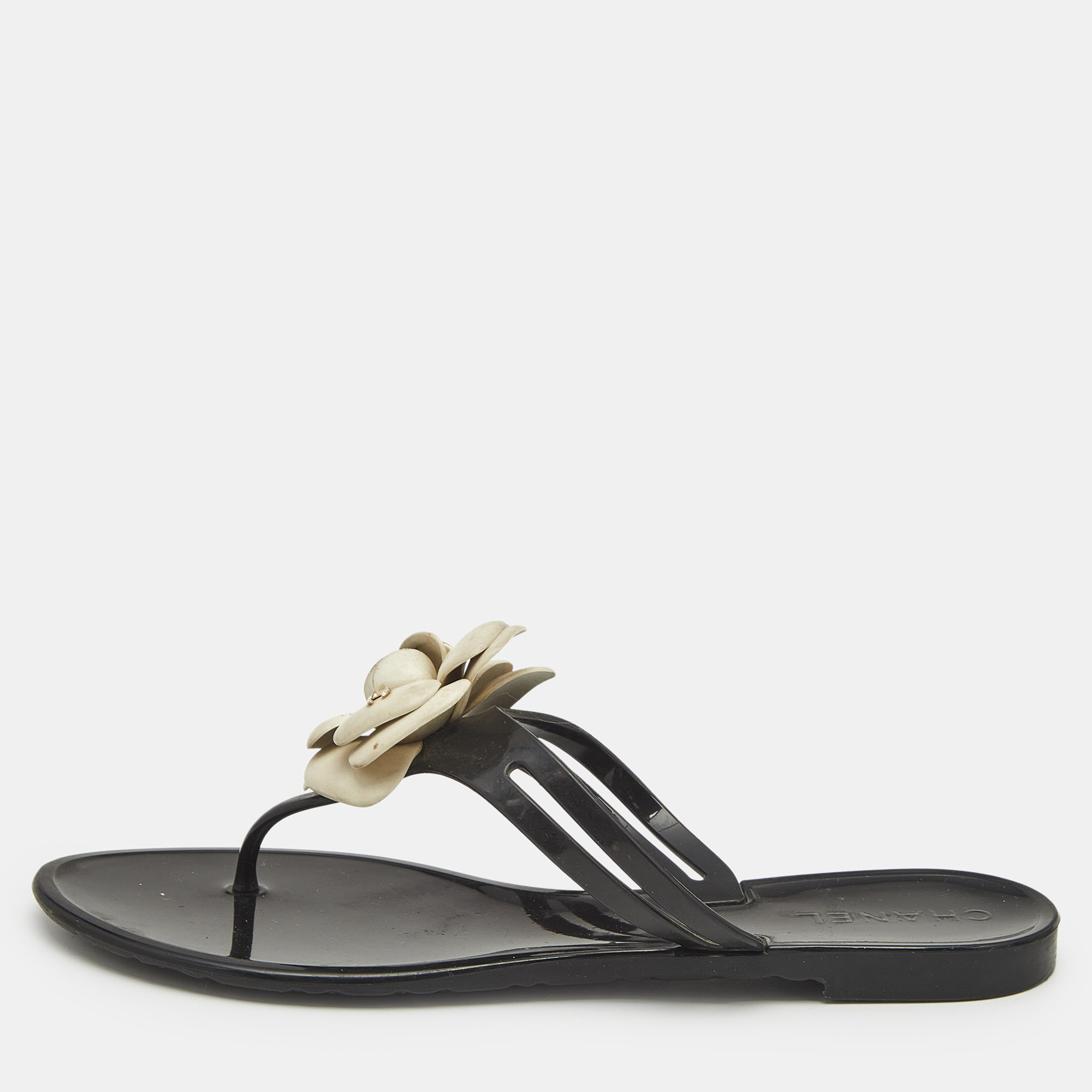 

Chanel Black Jelly Camellia Embellished CC Thong Flat Slides Size