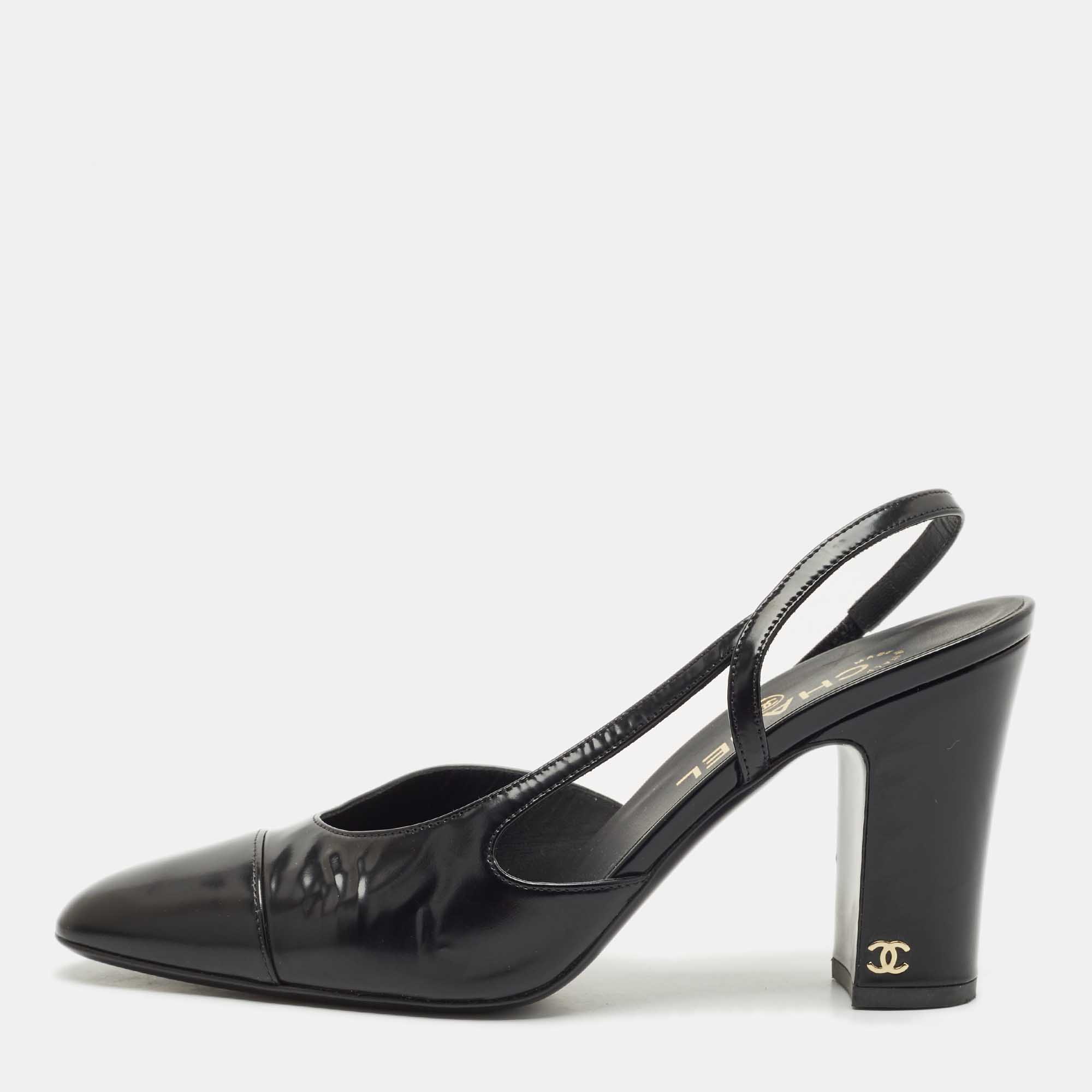 

Chanel Black Leather CC Block Heel Slingback Pumps Size