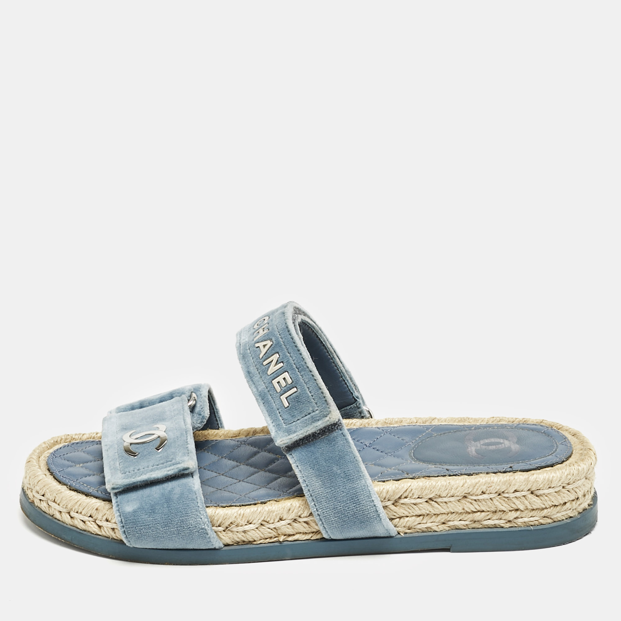 

Chanel Blue Velvet CC Espadrille Slide Sandals Size