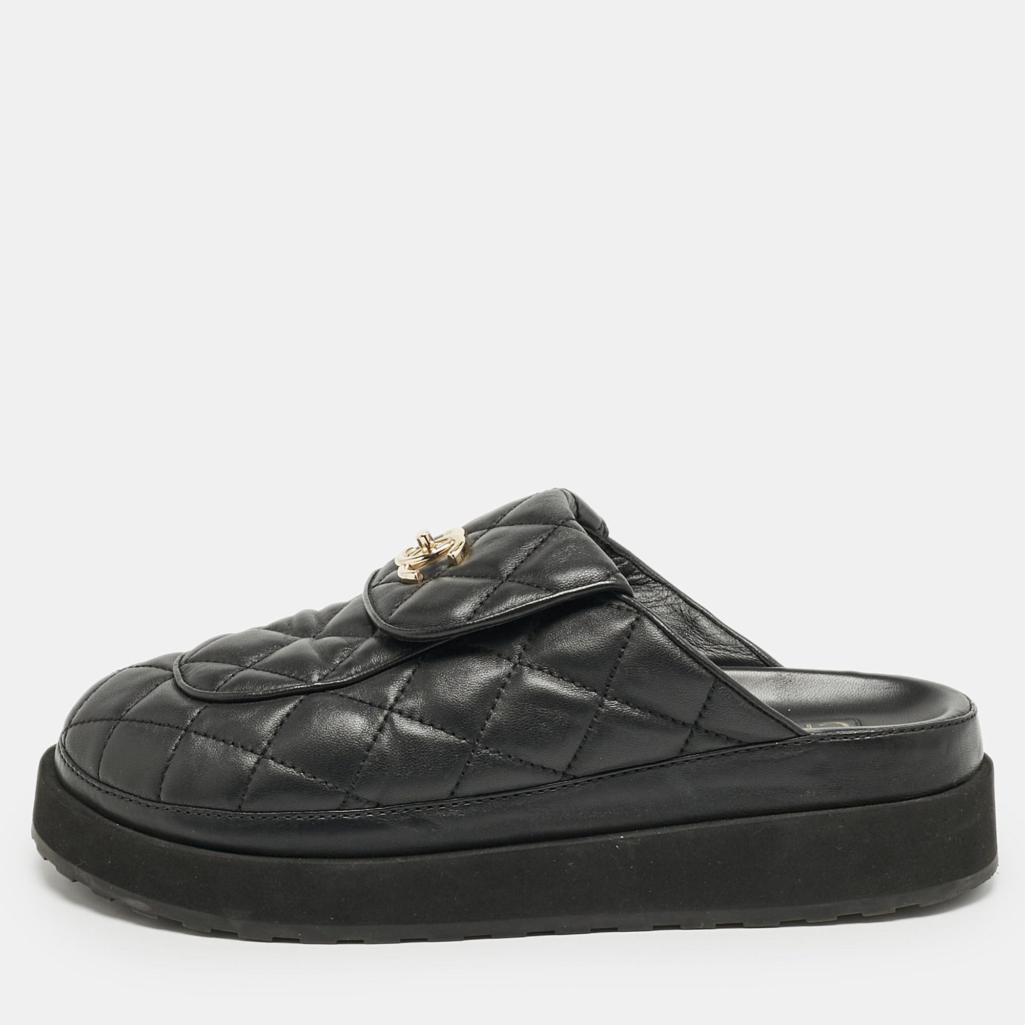 

Chanel Black Quilted Leather CC Turnlock Platform Mules Size