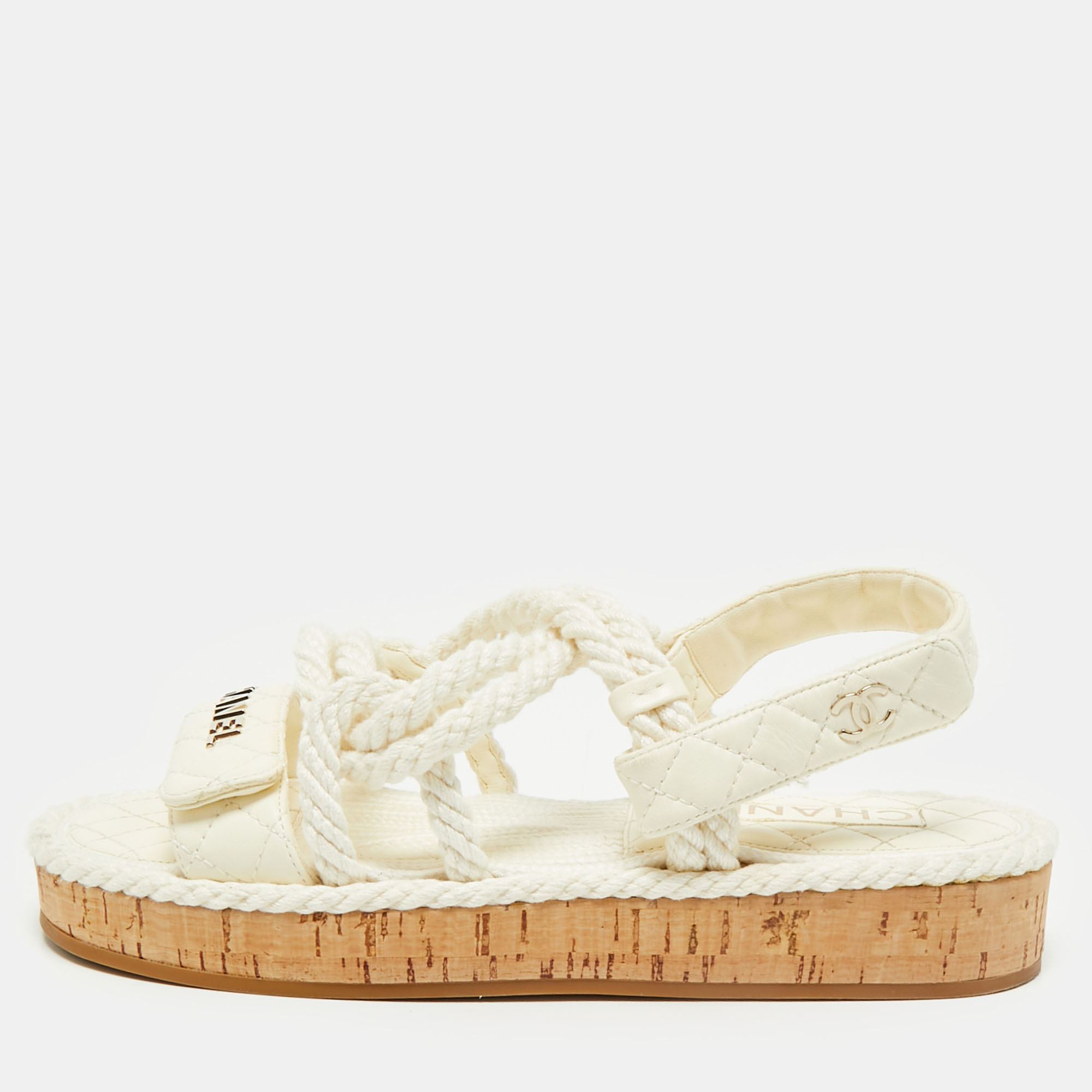 

Chanel Off White Quilted Leather and Cord Flat Sandals Size