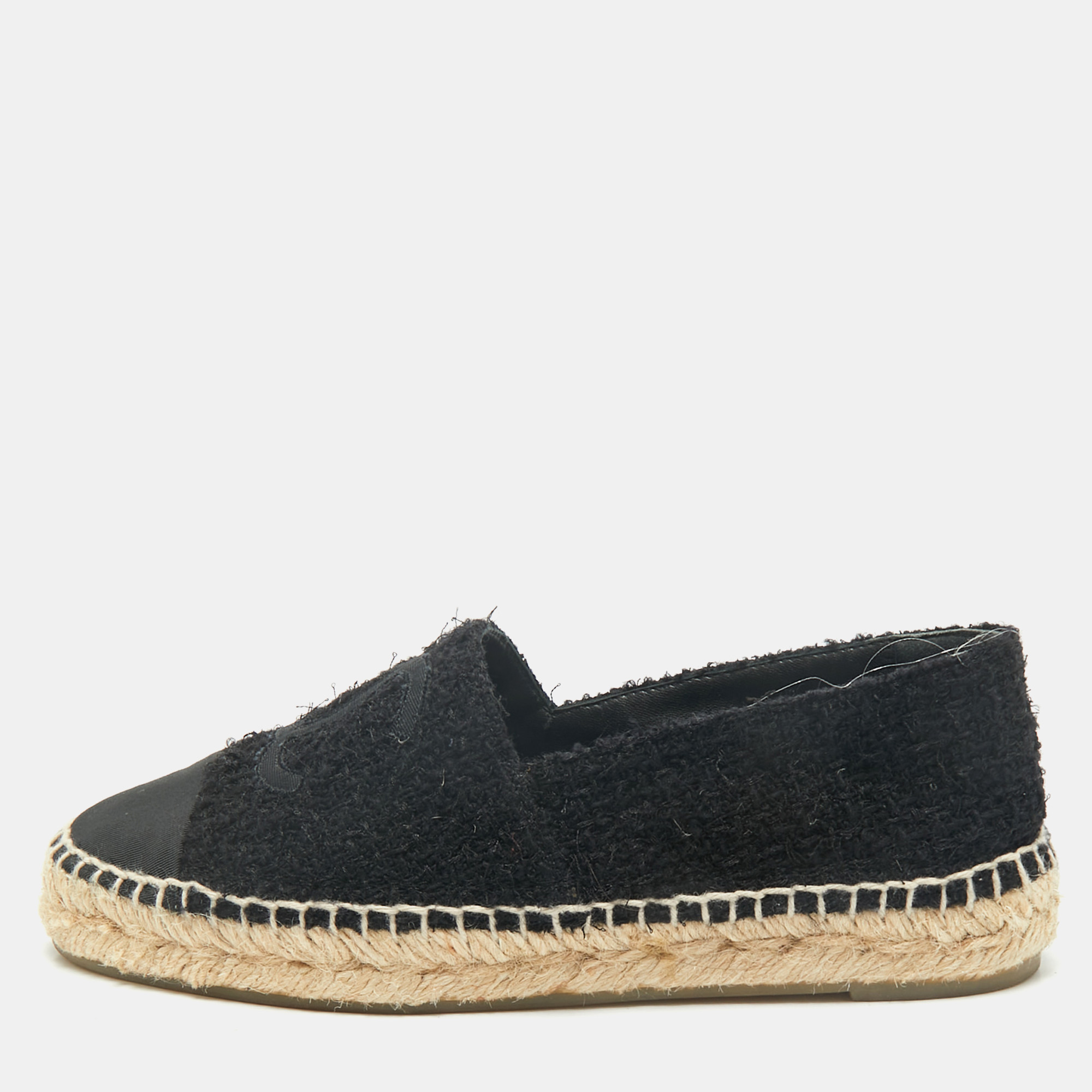 

Chanel Black Tweed and Fabric CC Cap Toe Espadrille Flats Size