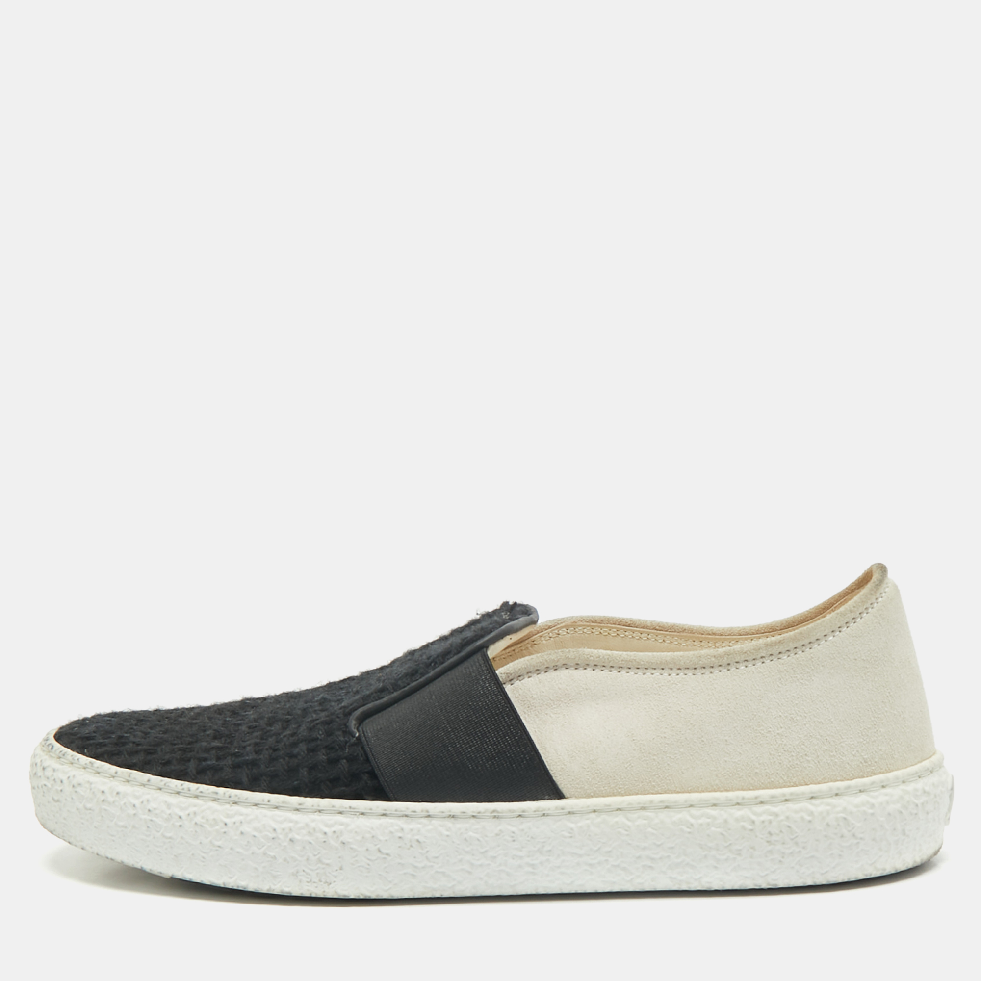 

Chanel Black/Off White Tweed and Suede Slip On Sneakers Size