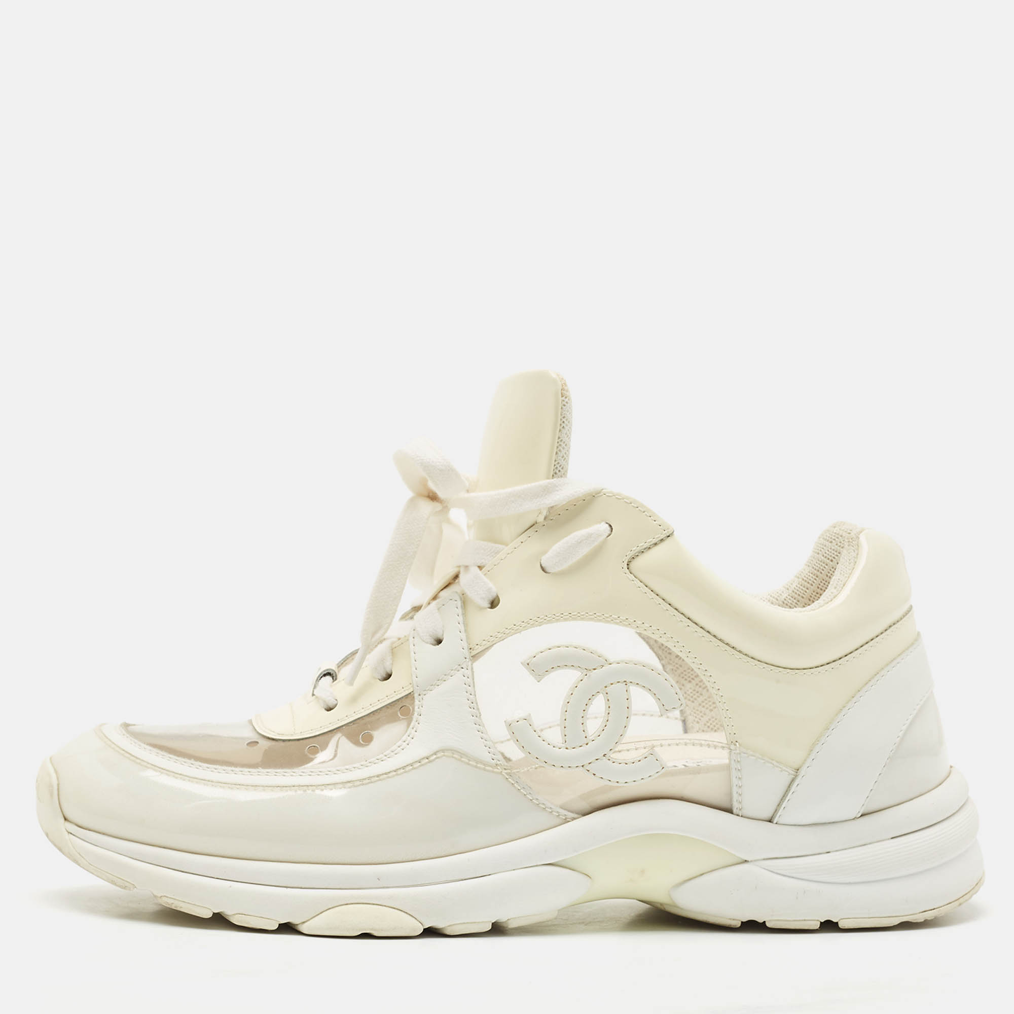 

Chanel Grey/Cream Leather and PVC CC Low Top Sneakers Size, Multicolor