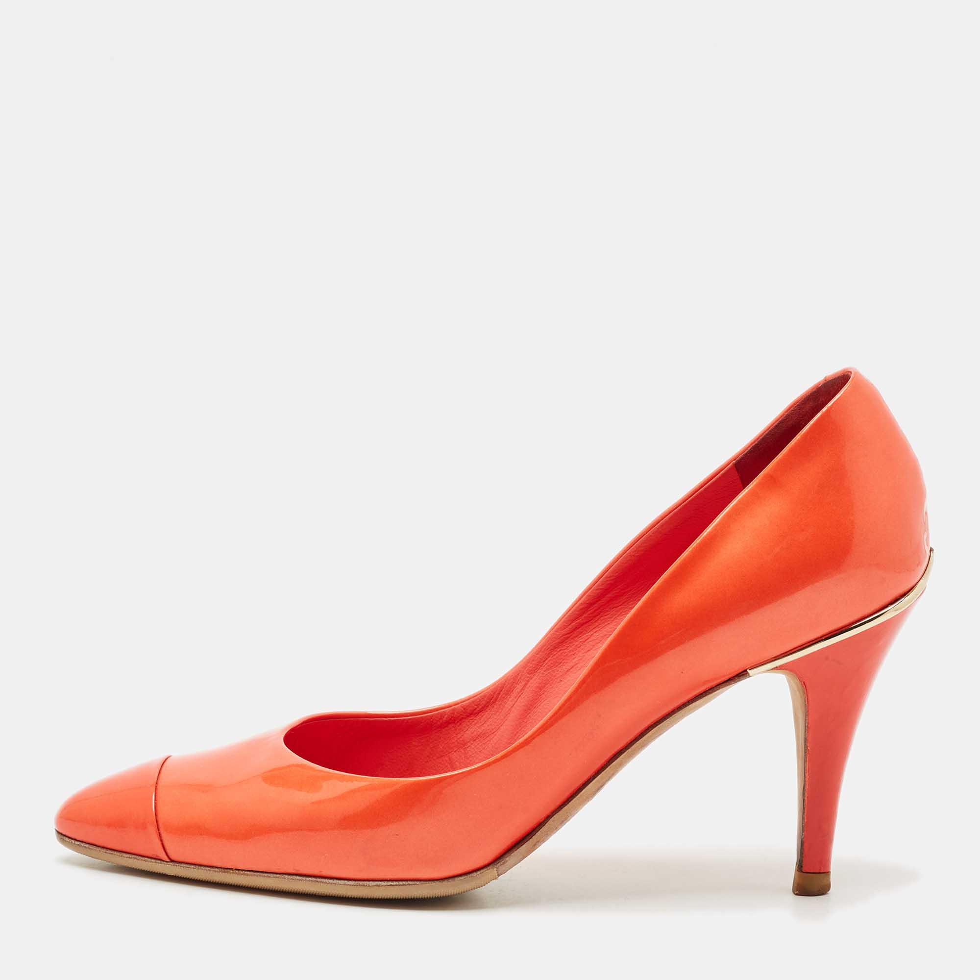 

Chanel Red Patent Leather Cap Toe Pumps Size
