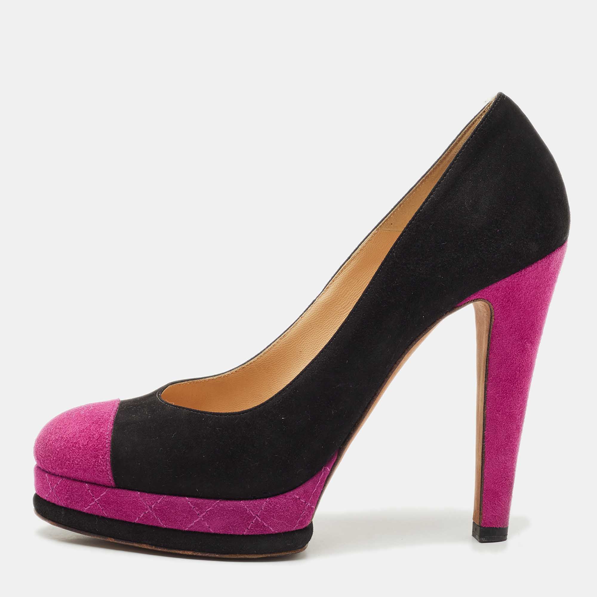 

Chanel Black/Pink Suede CC Cap Toe Platform Pumps Size